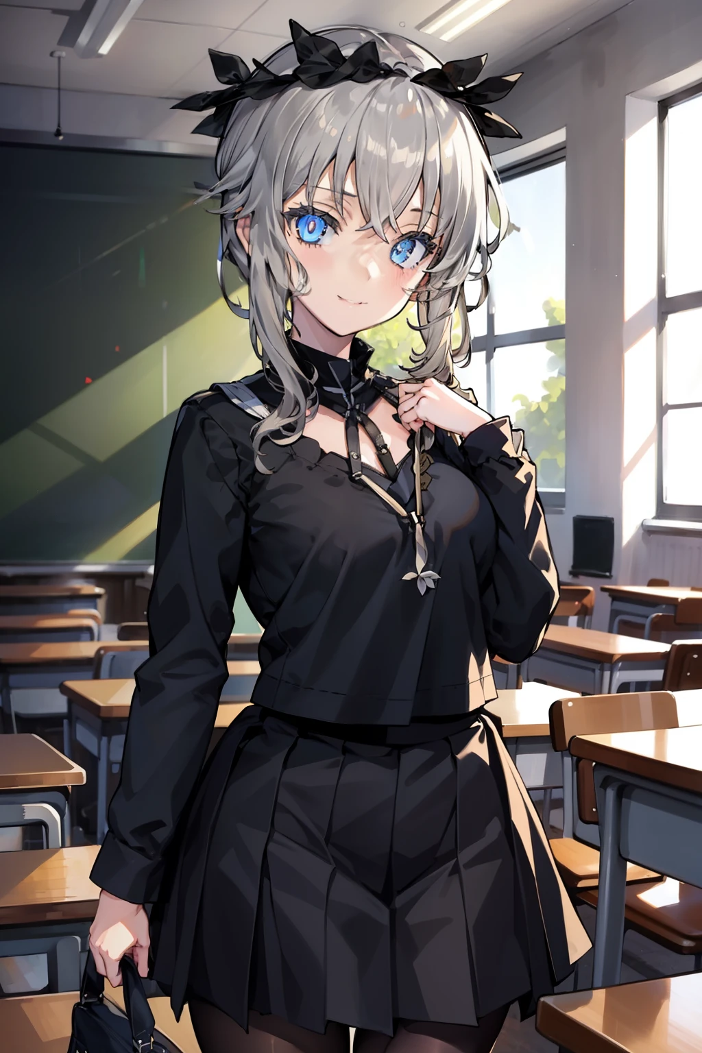 1girl, masterpiece, best quality, highly detailed, illustration, am isuel, classroom, standing, school uniform, serafuku, skirt, happy, 