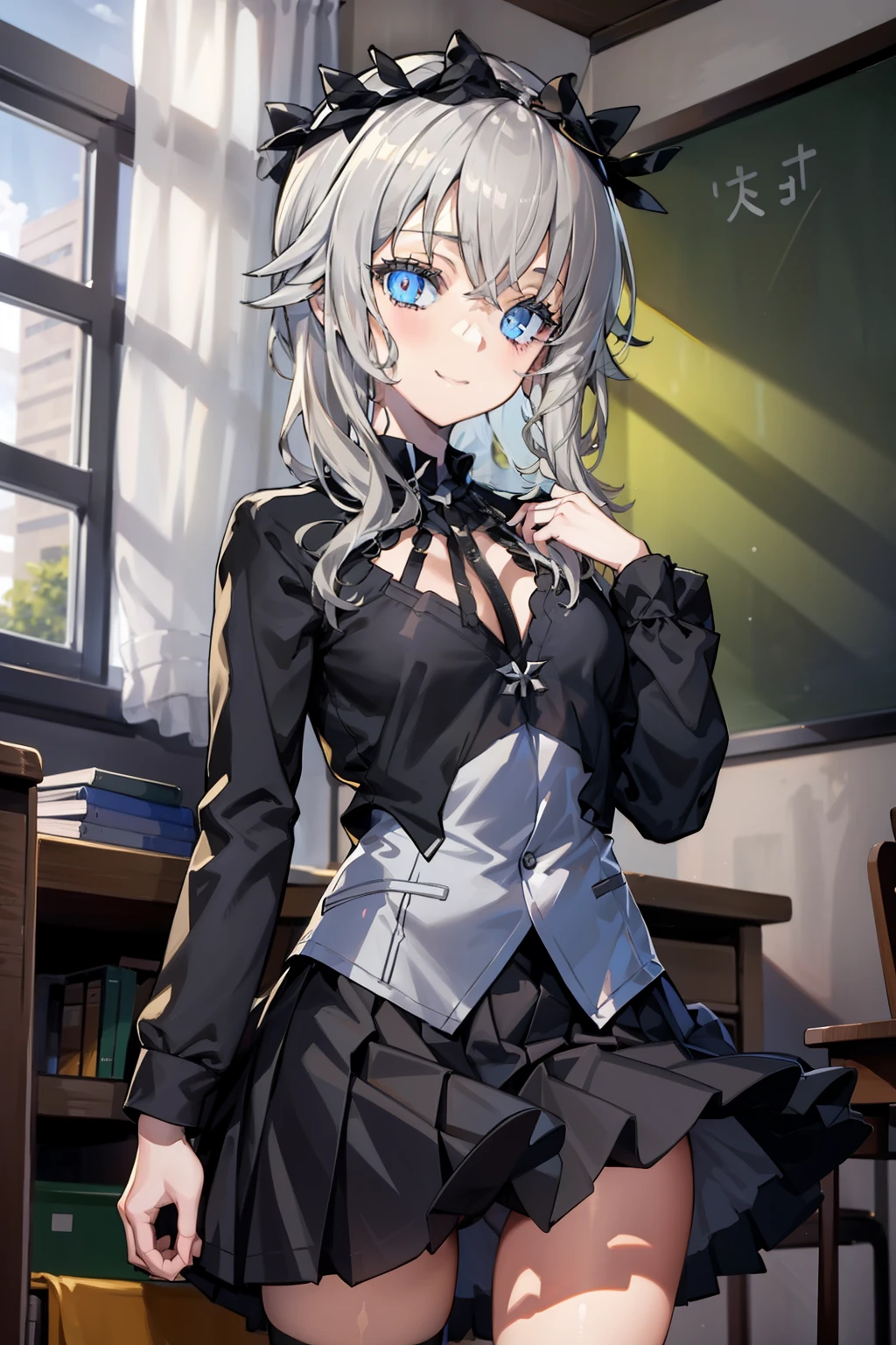 1girl, masterpiece, best quality, highly detailed, illustration, am isuel, classroom, standing, school uniform, serafuku, skirt, happy,