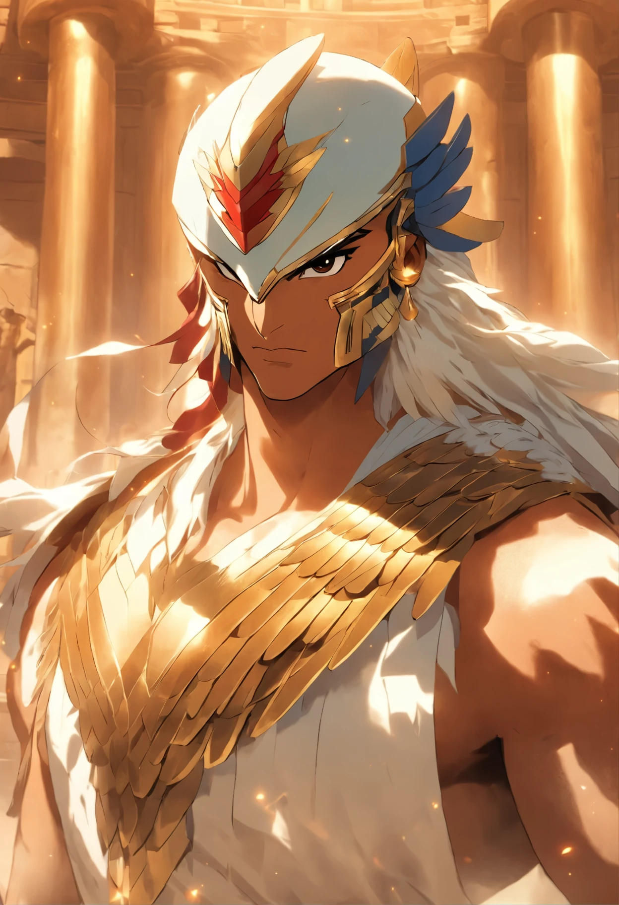 (((Man's body and falcon's head))) best quality, very high resolution, 4K detailed CG, master piece, Egyptian mythology,Atum-Ra, sun in the background,Ancient Egypt, standing pose, bird head, massive muscular, white clothes , Egyptian clothing, Egyptian temple, desert, Ancient Egypt, ((Falcon's head, man's body)), Egyptian palace, aesthetics, Beautiful image, centered on the screen, standing pose
