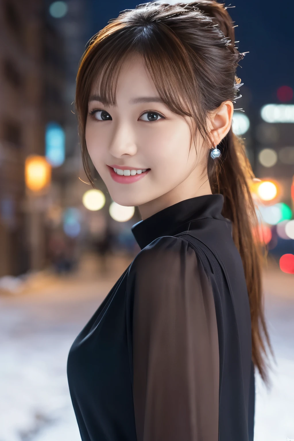 1 girl, (Wearing a black blouse:1.2), Beautiful Japan actress, (ponytail:1.3),
(RAW photo, highest quality), (realistic, Photoreal:1.4), masterpiece, 
very delicate and beautiful, very detailed, 2k wallpaper, wonderful, 
finely, very detailed CG Unity 8K 壁紙, Super detailed, High resolution, 
soft light, beautiful detailed girl, very detailed目と顔, beautifully detailed nose, beautiful and detailed eyes, cinematic lighting, 
break
(Against the backdrop of a snowy night cityscape 1.3), city lights, 
perfect anatomy, slender body, smile, Face the front completely, look at the camera