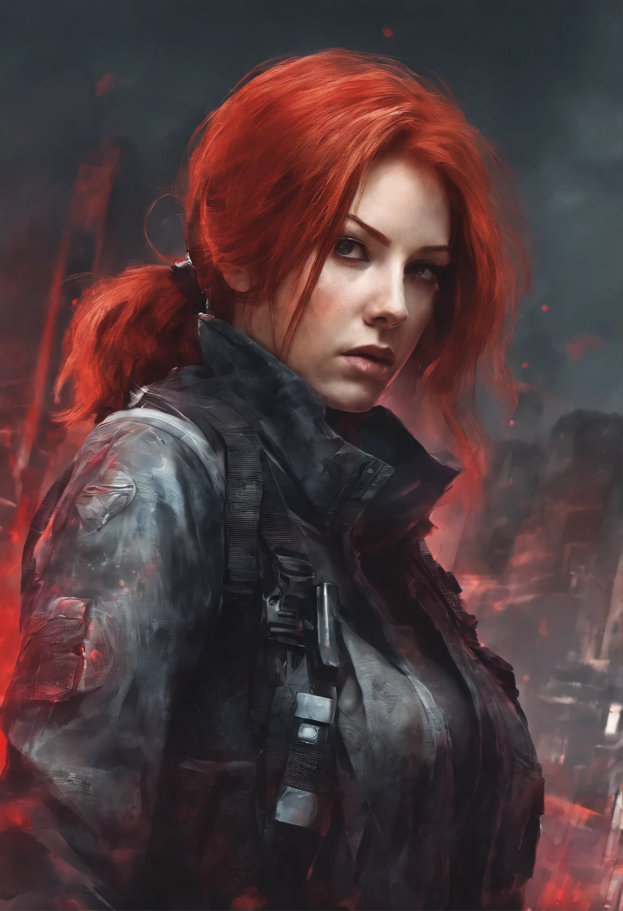 Animation of a red-haired woman with military vest in a zombie apocalypse in an empty city with cars, animation, 4K, Greg Rutkowski, Lora epi_noiseoffset --auto --s2