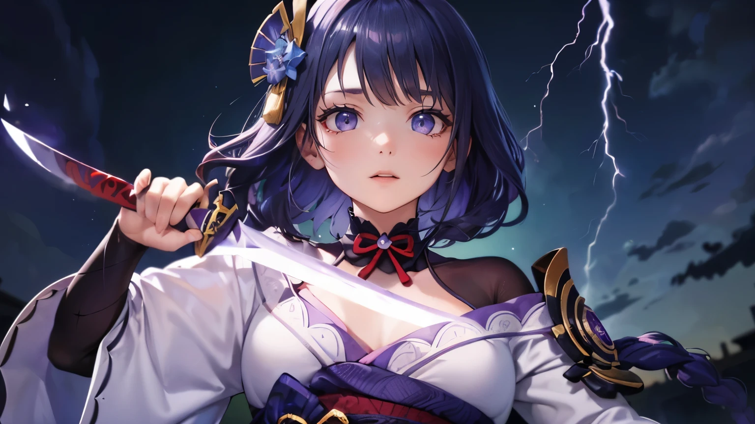 Raiden Shogun of Genshin Impact, Decoration on the head, long purple hair in a braid, katana sword from the chest and heart, against the backdrop of Lightning , gaze, Best quality, computer graphics,sakura flowers