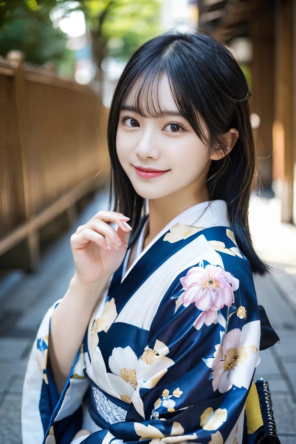 (kimono)、random pose、(highest quality,masterpiece:1.3,Super high resolution,),(super detailed,caustics),(Photoreal:1.4,RAW shooting,)ultra-realistic capture,very detailed,High resolution 16K human skin closeup、 Natural skin texture、、Skin looks even-toned and healthy、 Use natural light and color,1 girl,Japanese,27 years old,cute,black haired,middle hair,,smile,,(Depth of bounds written、chromatic aberration、、wide range of lighting、natural shading、)、