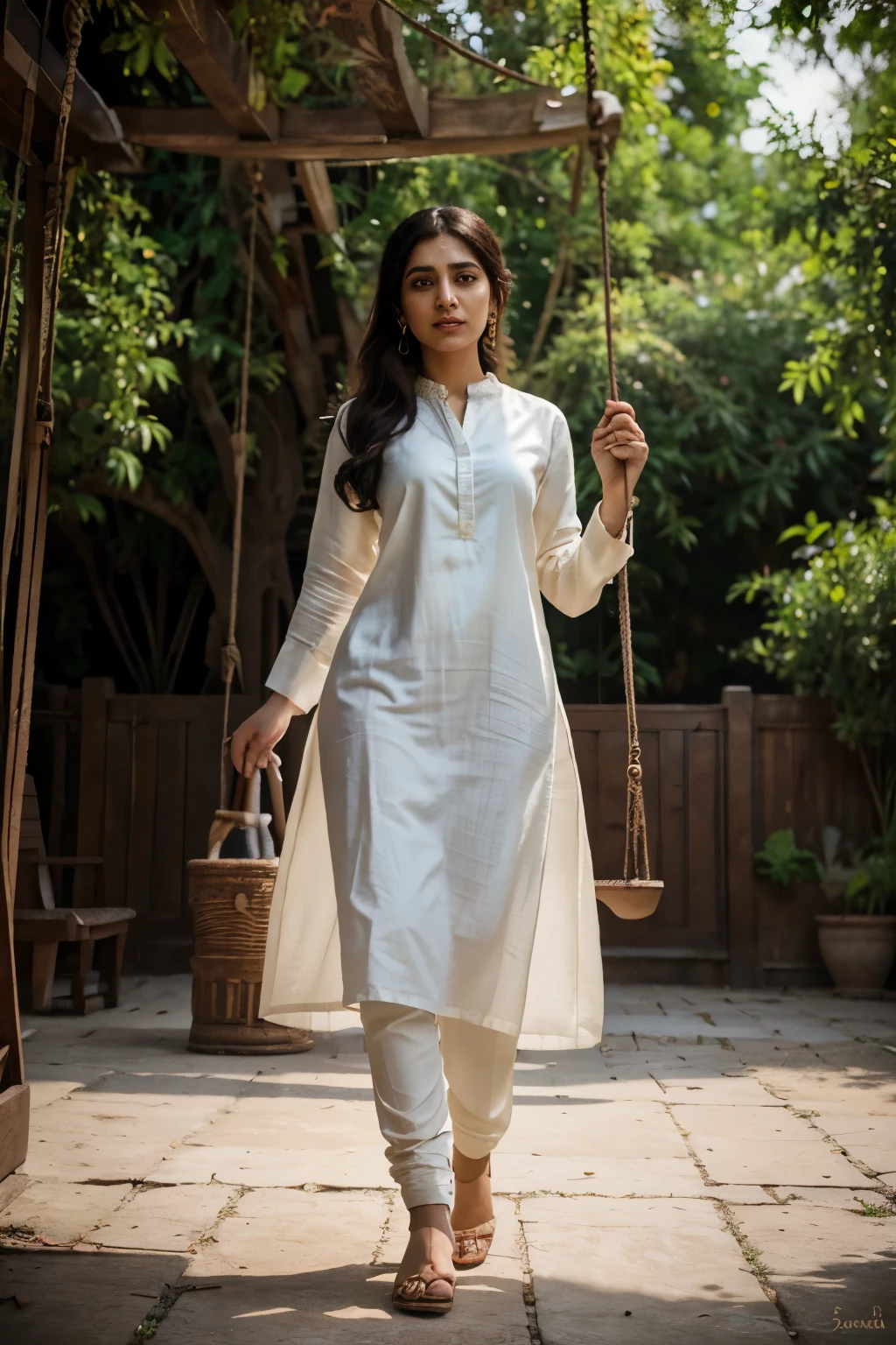there is a woman that is standing on a swing, a picture inspired by Lubna Agha, pexels, dau-al-set, wearing a silk kurta, wearing a kurta, mid shot portrait, catalog photo, kyza saleem, portrait image, full body in shot, indistinguishably unique, sara ali, pr shoot