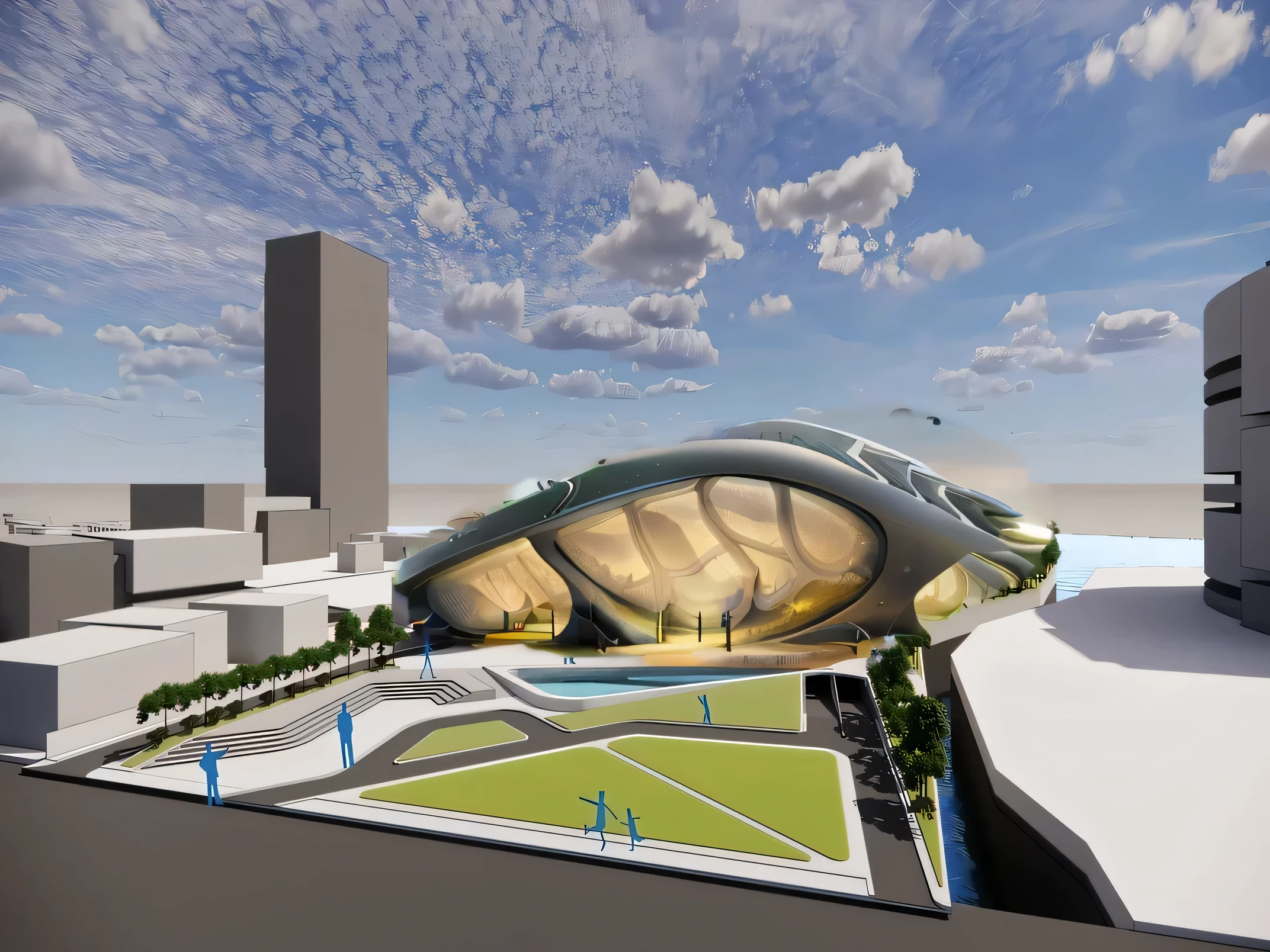 There is a 3D rendering of a futuristic city with futuristic buildings...,3 buildings, in style of Zaha Hadid architect, Zaha Hadid architecture, in style of Zaha Hadid, Portal. Zaha Hadid, inspired โดย Zaha Hadid, Zaha Hadid style architecture, Inspiration from Zha Shibiao, tilt shift Zaha Hadid background, architecture Zaha Hadid, โดย Zaha Hadid, Russia&#39;The city of the future still maintains its main story., Imagine a realistic futuristic city on an alien planet..... The city should consist of metal and glass structures.., With Angular and futuristic architecture. The witilo letter should be used as a design element in the architecture of the city...., Create interesting patterns and shapes..,reflection of material,Futuristic art building.