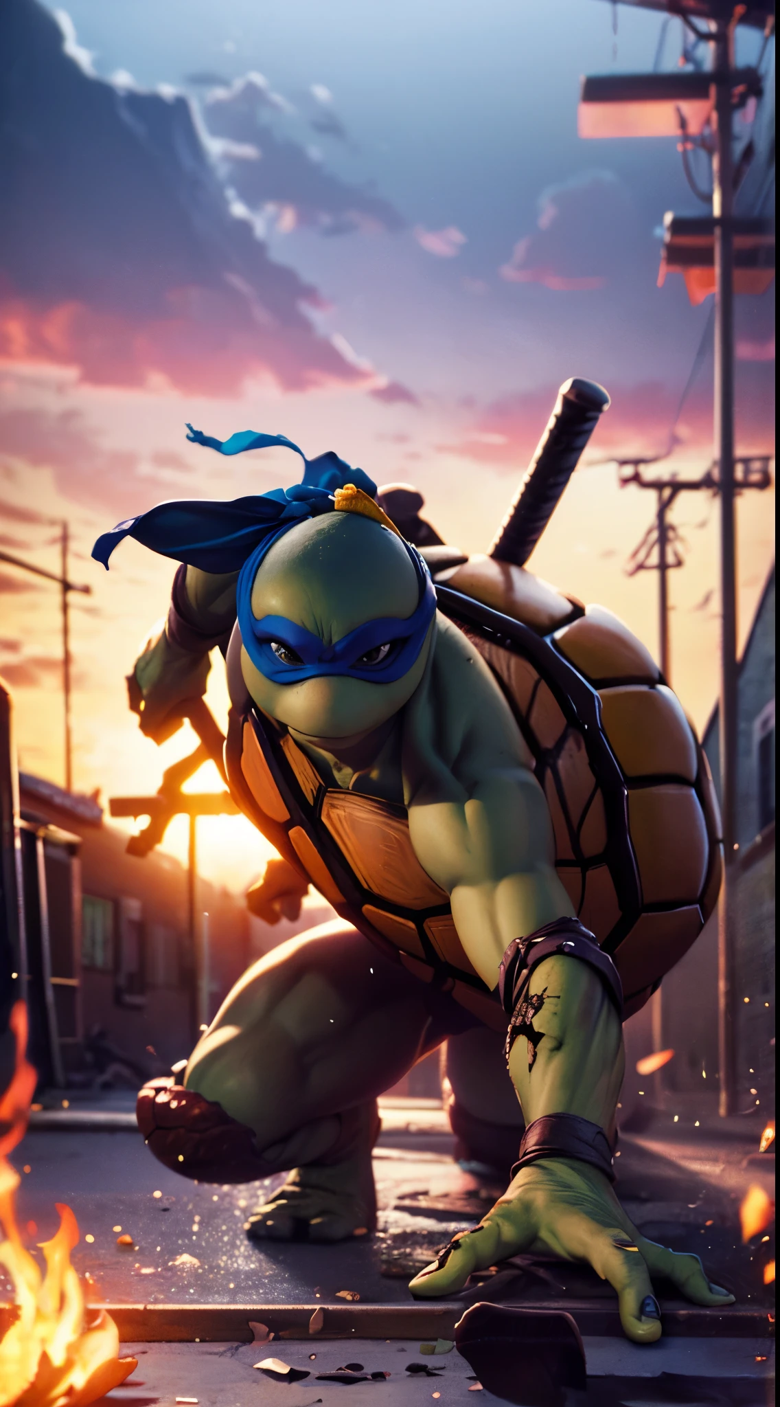 masterpiece, (1girl, female, female turtle, femine:1.5), (absurdres, high quality, detailed), (solo), illustration of a TMNTLeonardo, a teenage mutant ninja turtle with a blue bandana mask with eye-holes, atmospheric, realistic lighting, shot by Hassleblad H6D, Zeiss, Kodachrome, nikon, 50mm 1.2 lens, Octane Render, highly detailed, intricate detail, (destroyed town background, action pose:1.25), (nsfw:0.5)