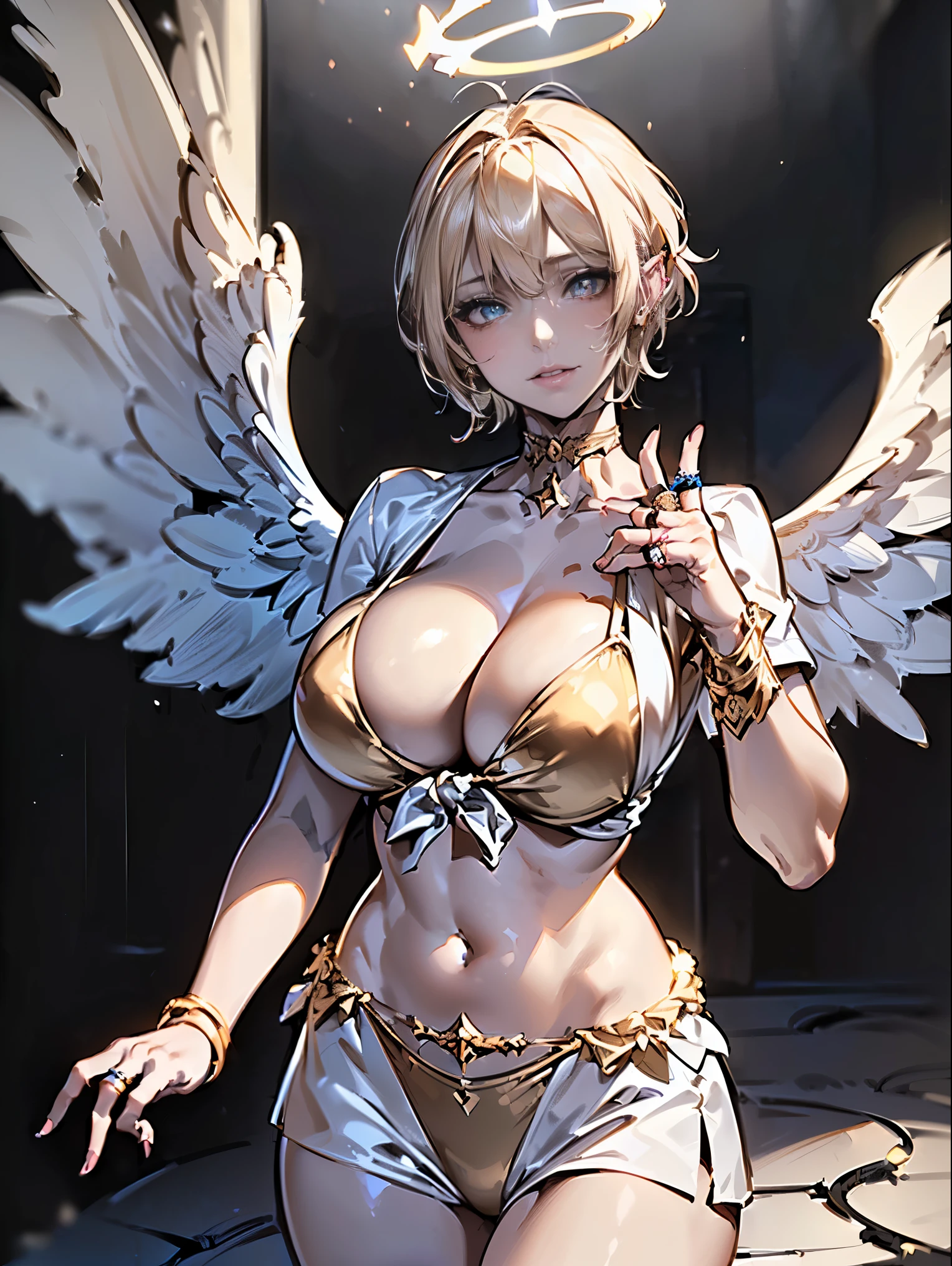 (( (master piece),(Highly detailed CG Unity 8K wallpaper),(bust shot:1.5), best quality,cinematic lighting,Photoreal, detailed background,beautiful and fine eyes,bright pupils,(very elegant and beautiful),(Beautiful and detailed eye depiction),super detailed,master piece,High resolution)), curly, ((Wearing super sexy bikini armor:1.4)), Rose gold armor, richly decorated armor, beautiful female warrior, short hair, platinum blonde hair, cleavage, (Big angel wings on the back:1.8, a ring of light above my head:1.6)