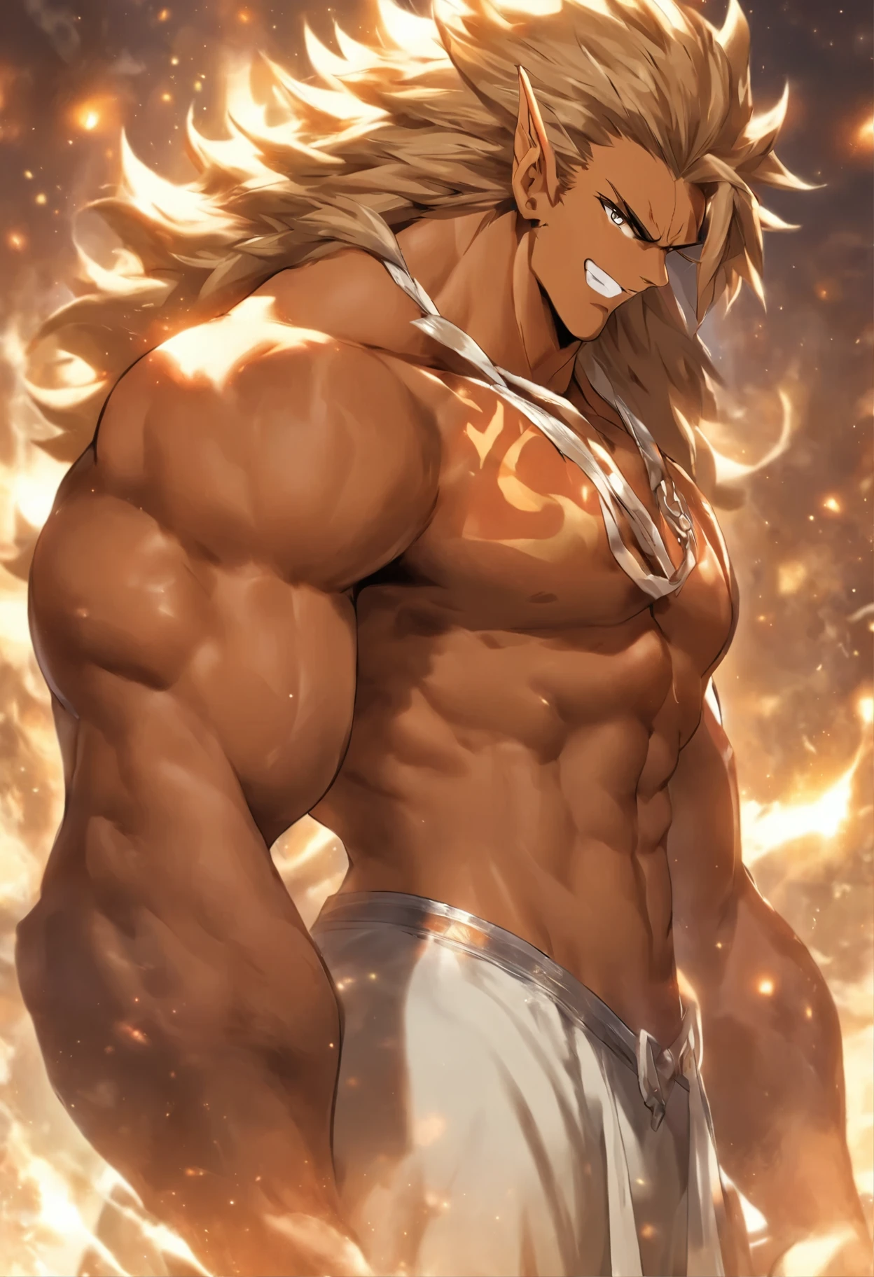 PRO competitive bodybuilder, nj5furry, (Leomon,, massive, huge, muscular, Gigachad), (((((WHITE THONG))))) Leomon, YOUNG FACE, TEEN, ((extremely realistic shadows, masterpiece, extremely detailed, photorealistic)), kemono, looking at the viewer, ((FRONT)), murderous look, Leomon, ((detailed face)) nose, amber eyes, ((detailed eyes)),  dark brown skin, dark brown fur,  brown hair, white mane, height 3 meters high, the optimal height, tight clothing, 200 kg, body full of huge muscles; muscle and bulge pecs, huge pecs, ((massive pectorals)) ((huge pectorals)) ripped abs, eight abs, V-shaped body, thick waist, long legs, strong arms manly, handsome face, attractive cool calm face type with a mischievous smile, topless. elven ruins beach, night, moon, moon rays, clouds, stars; bulge in the crotch, wears a small white string thong that reveals huge, muscular thighs, (((she wears a very tight little white string thong))), bulging biceps. A muscular bodybuilder in the making. A potential PRO competitive bodybuilder and bulging neck. ((Almost naked)) ((BACK))  huge muscular thighs firm, round buttocks and round butt.