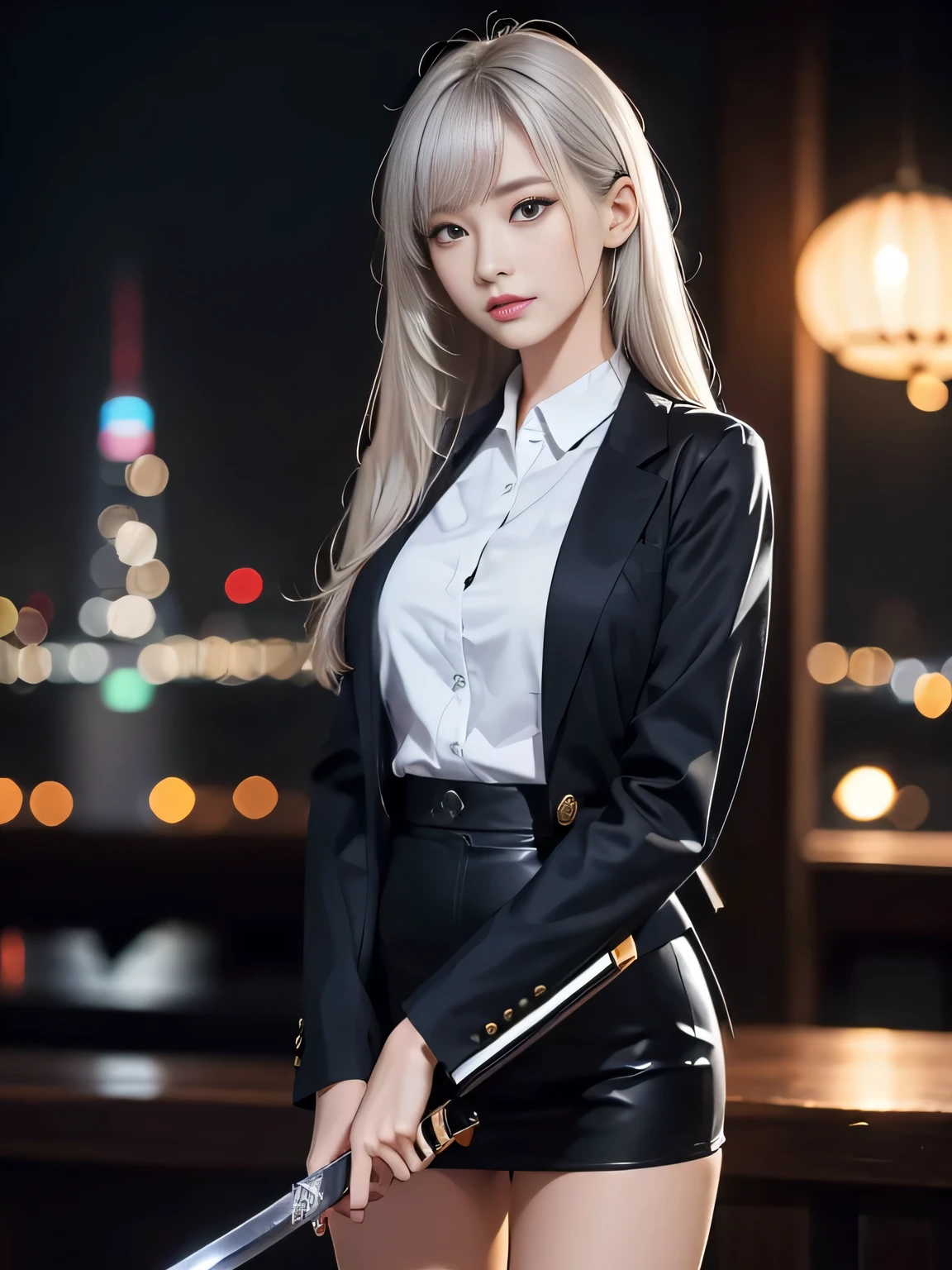 Japan holding a sword、Point the tip of the sword at the camera.、Get ready for battle、18 year old high school girl、blazer uniform、stern expression、long straight silver hair、Big city landscape at night