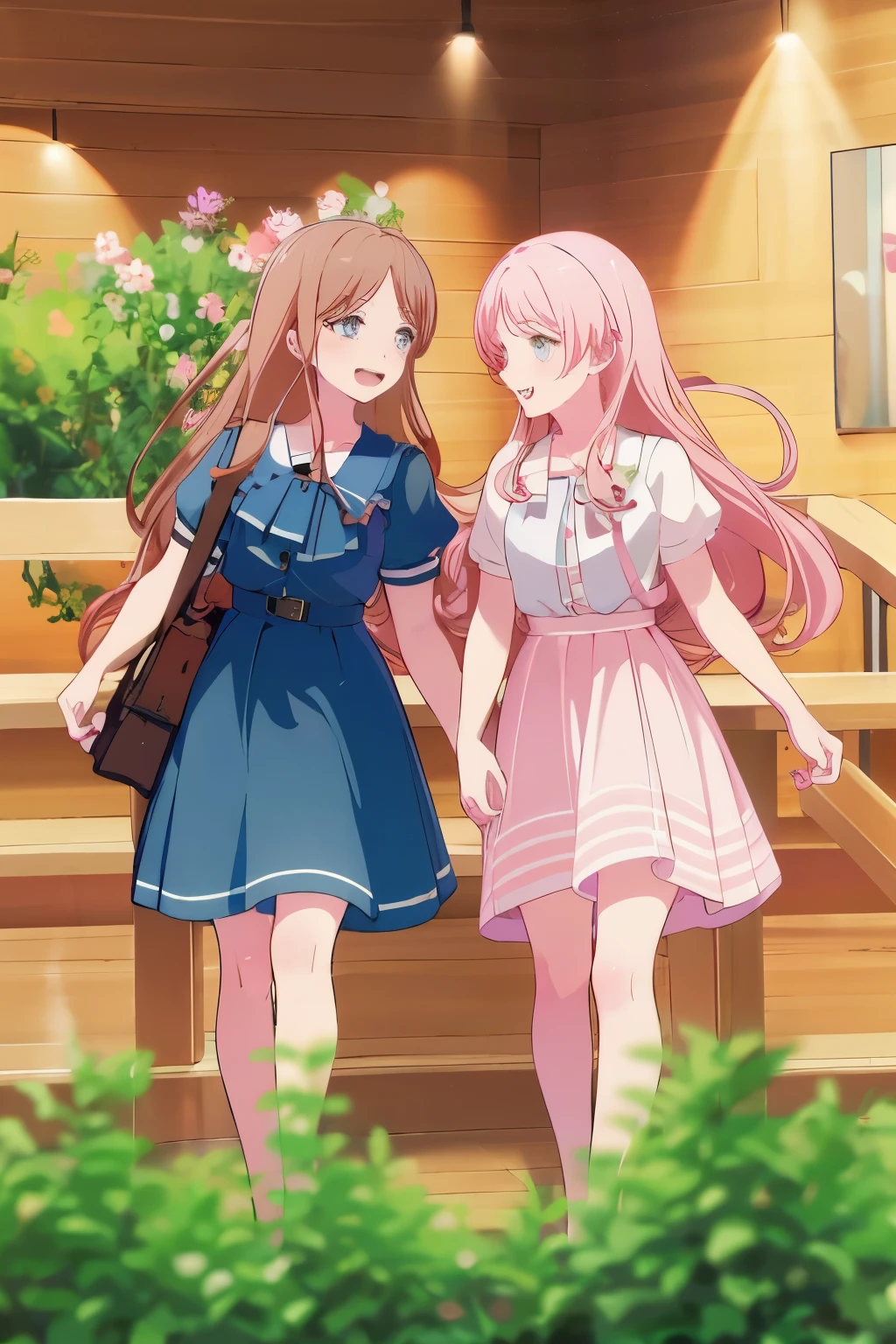masterpiece, best quality, PIXIV,aisu,yuri,
, 2girls, pink hair, long hair, smile, brown hair, ;d, skirt, shirt, plaid, dress, blue eyes, short sleeves,breast to breast,look each other,