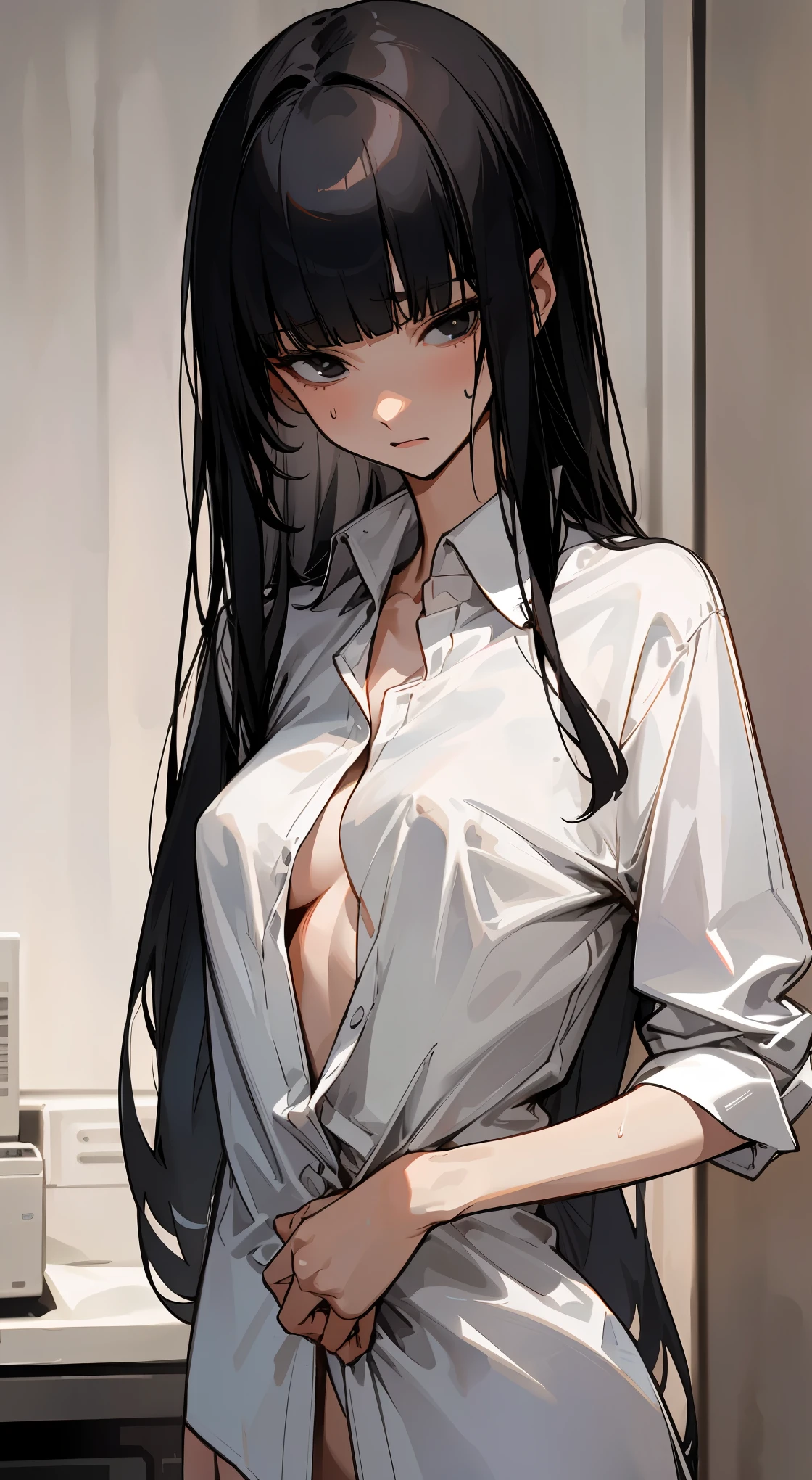 1woman solo,20 year old beauty、black hair,long hair,blunt bangs,black eyes,shy look、slender body, ideal ratio body proportions,medium breasts,sweat,(naked shirt, shirt tug),,indoor、simple hotel、simple bedroom、Simple bed、Tokyo、