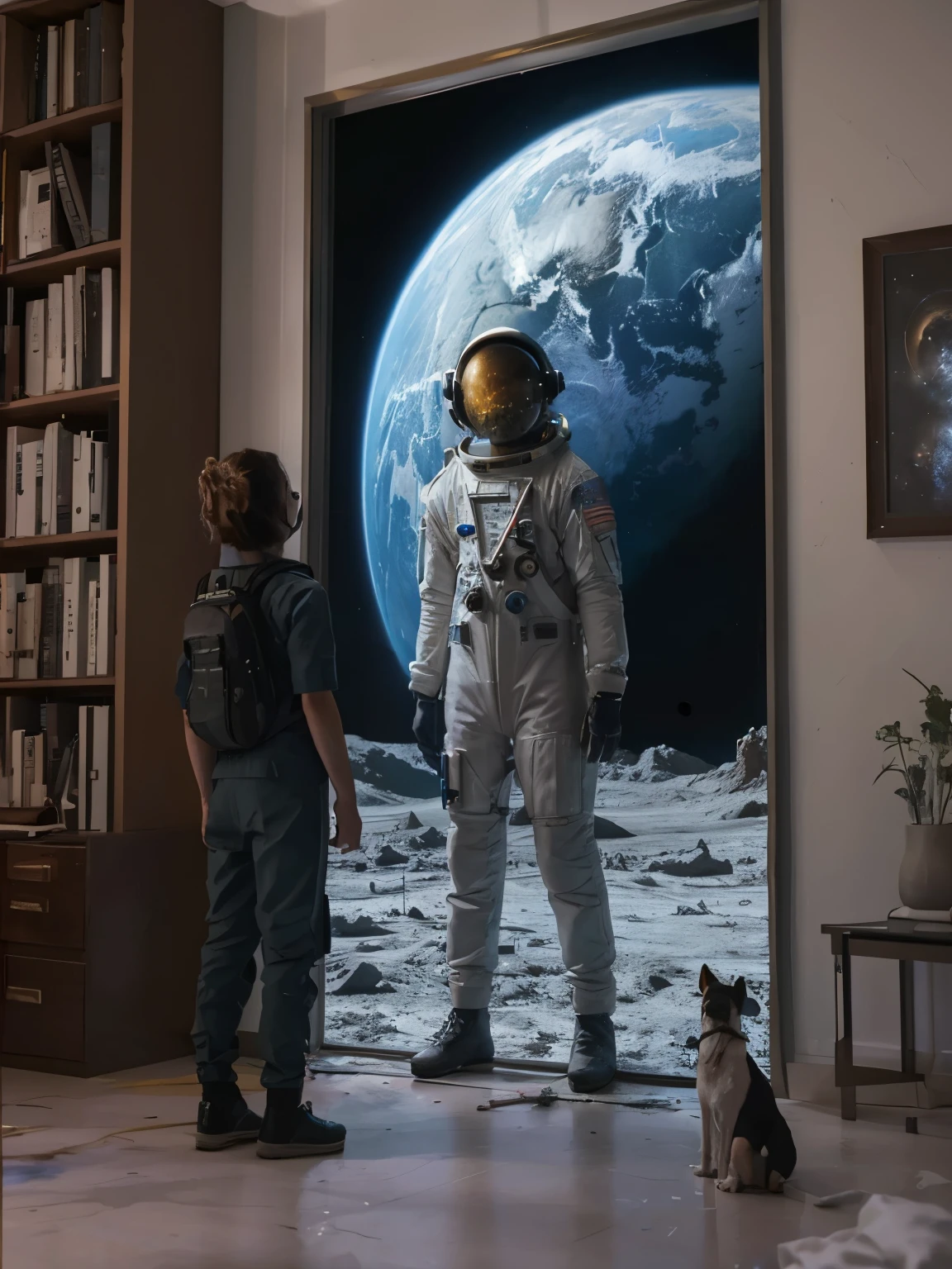 painting of a and a dog looking at an astronaut in a living room, inspired Direction: Scott Listfield, window into space behind them, perfeitamente realista, mas surreal, Realistic space, lonely astronaut, looking into space, portrayed as a science fiction scene, astronauta, Direction: Scott Listfield, na Lua, astronauta lost in liminal space, amazing cgi