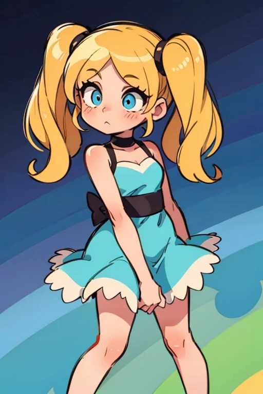 make Bubbles from the power puff girls,cute,shy,blue dress,blonde hair