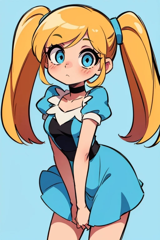 make Bubbles from the power puff girls,cute,shy,blue dress,blonde hair