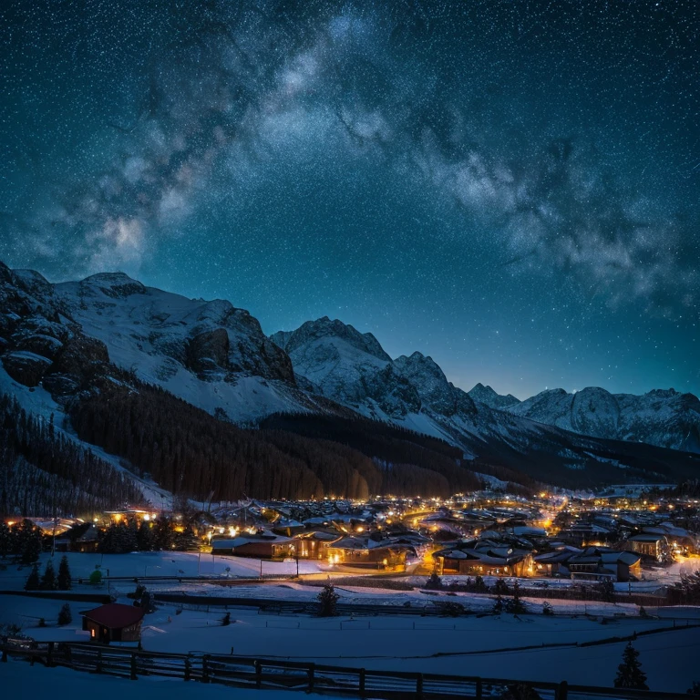 best quality, 4k, highres, ultra-detailed, realistic, vivid colors, HDR, snowy mountains, starry sky, snowy landscape, city lights in the valley, moonlit night, delicate snowflakes falling, crisp and clean air, distant silhouettes of pine trees, tranquil atmosphere, peaceful serenity.