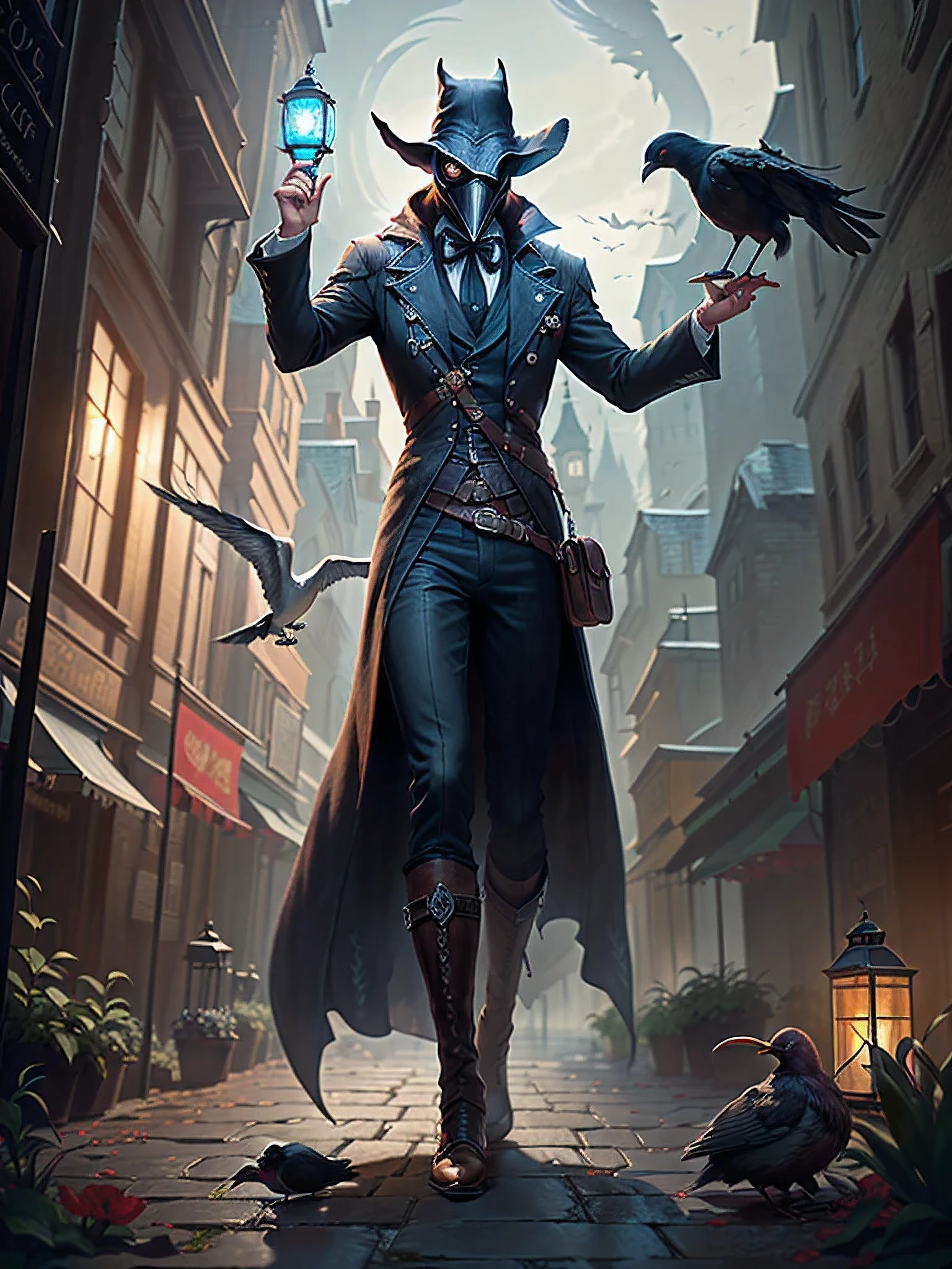 man in a black outfit holding a lantern and a bird, plague doctor, dark cloaked necromancer, portrait of a bloodborne hunter, anime style male, city background, 4k, 8k,