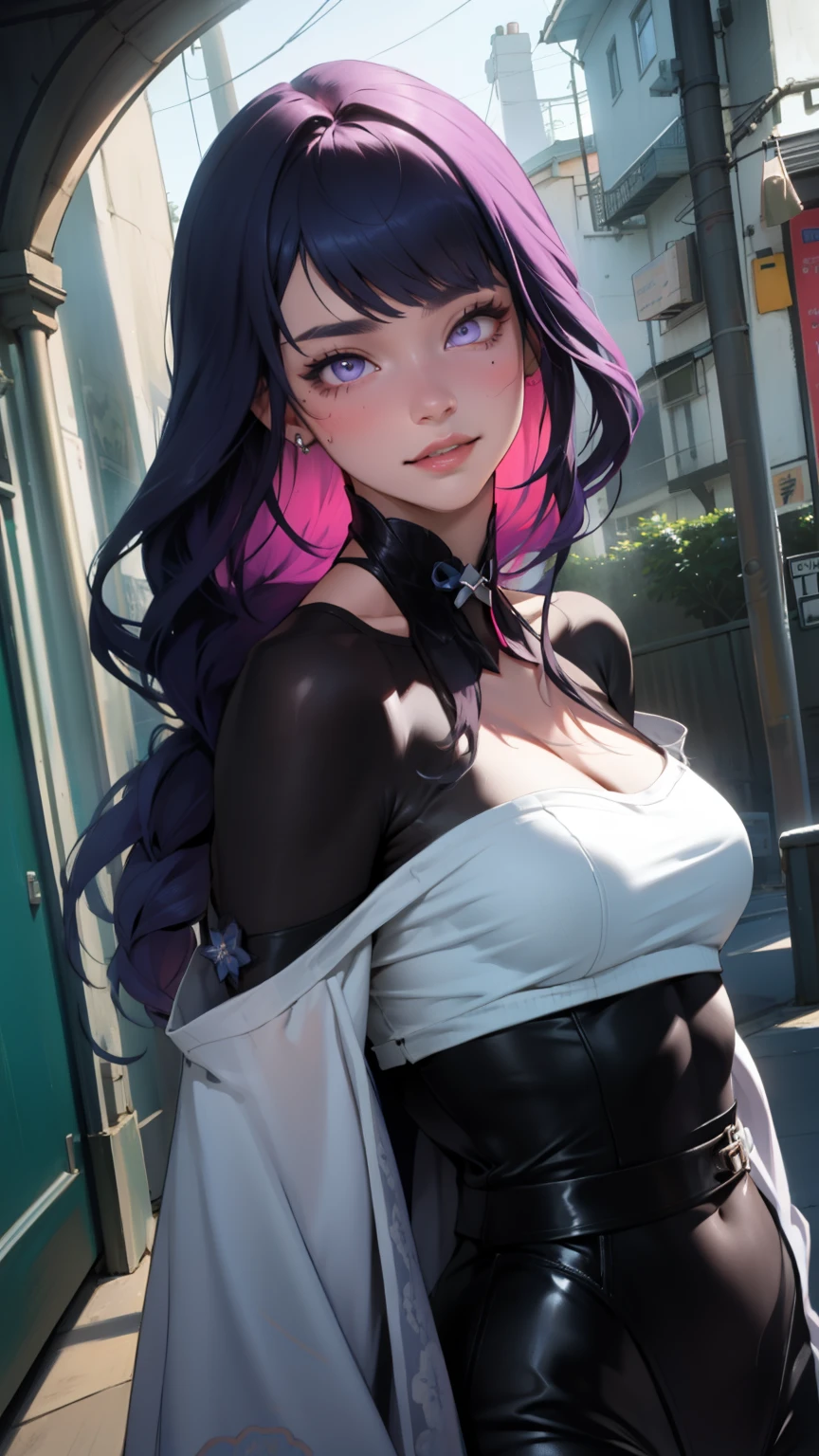 Jisoo do Blackpink: Jisoo has a charming and captivating appearance. Ela tem muito tempo, Cabelo escuro, which is often styled in an elegant and sophisticated way. Your eyes are big and expressive, with naturally bulky eyelashes. Jisoo tem uma tez clara e radiante, with soft and delicate features. Her smile is adorable and she has well-drawn lips. She is known for her classic and graceful beauty.1 garota, Sozinho, colorida, Ciberpunk, CIDAD, sinal de paz, brincos, Neon, beautiful lighting, purple reflection, cap, Foco no personagem, Graphic illustration, sexy, (calcinha trasparente, marcado, areganhada, pussy).