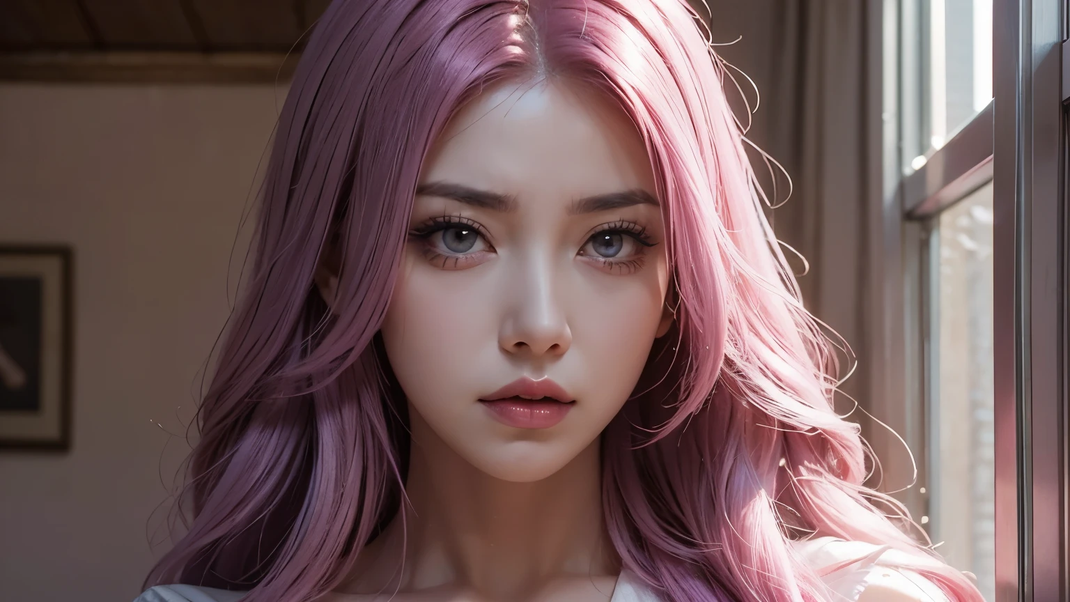 A angry mommy with long light pink soft purple hair, perfect big booba , good quality, detailed beauty face