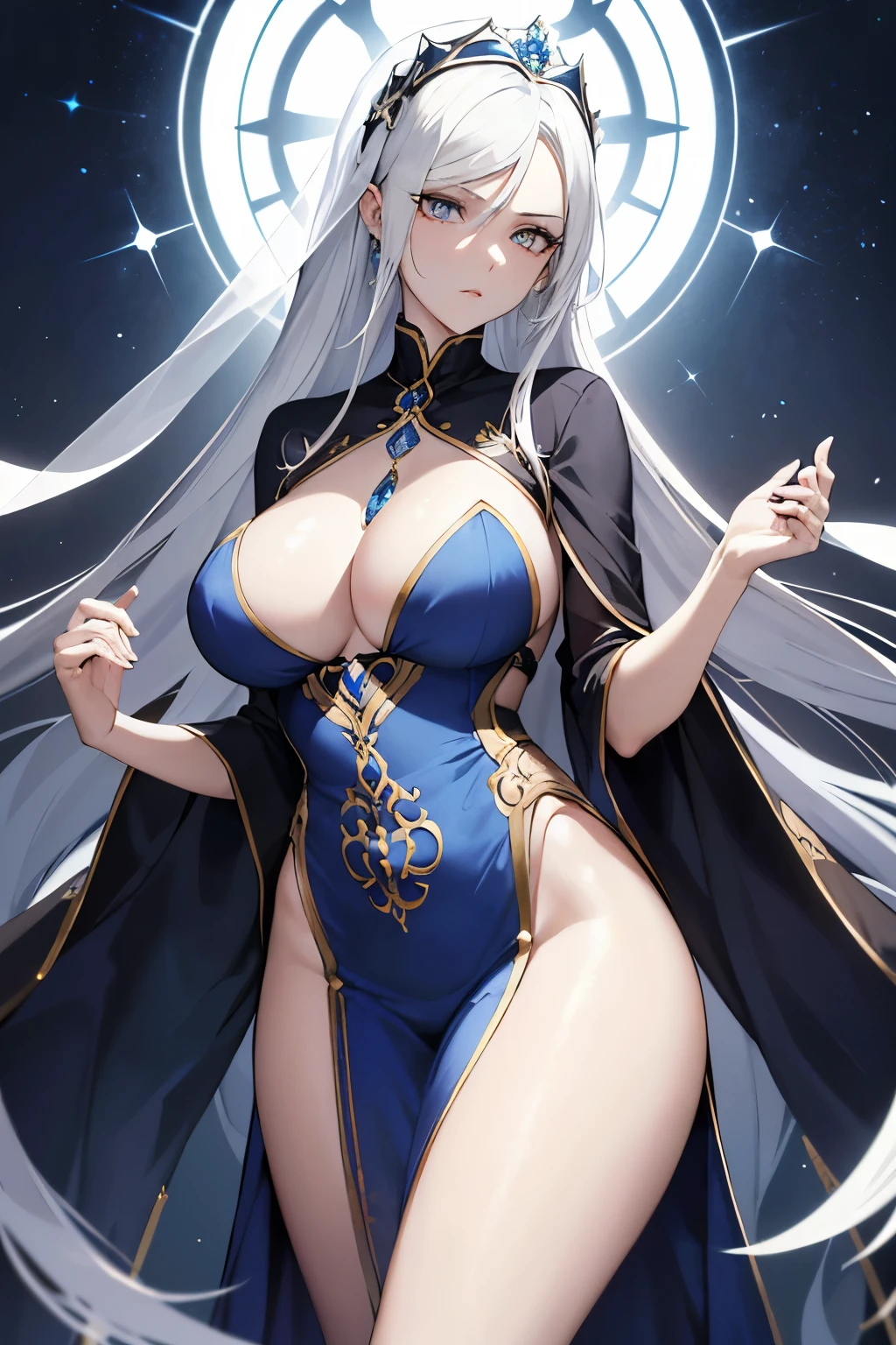 A captivating adult woman with light yellow eyes and dark blue hair graces the scene, her pale skin accentuating the contrast of her features. She carries a slim face, reminiscent of Rozemyne from "The Ascendance of a Bookworm," her olhos da cor ambar (amber-colored eyes) gleaming with an enchanting allure.
Dressed in a closed quimono of royal-blue sacerdotisa style, every detail of her attire exudes elegance and grace. The color schemes resonate with Anyme's distinct estilo s2 art style. Her breasts are generously endowed, adding to her allure and commanding attention.