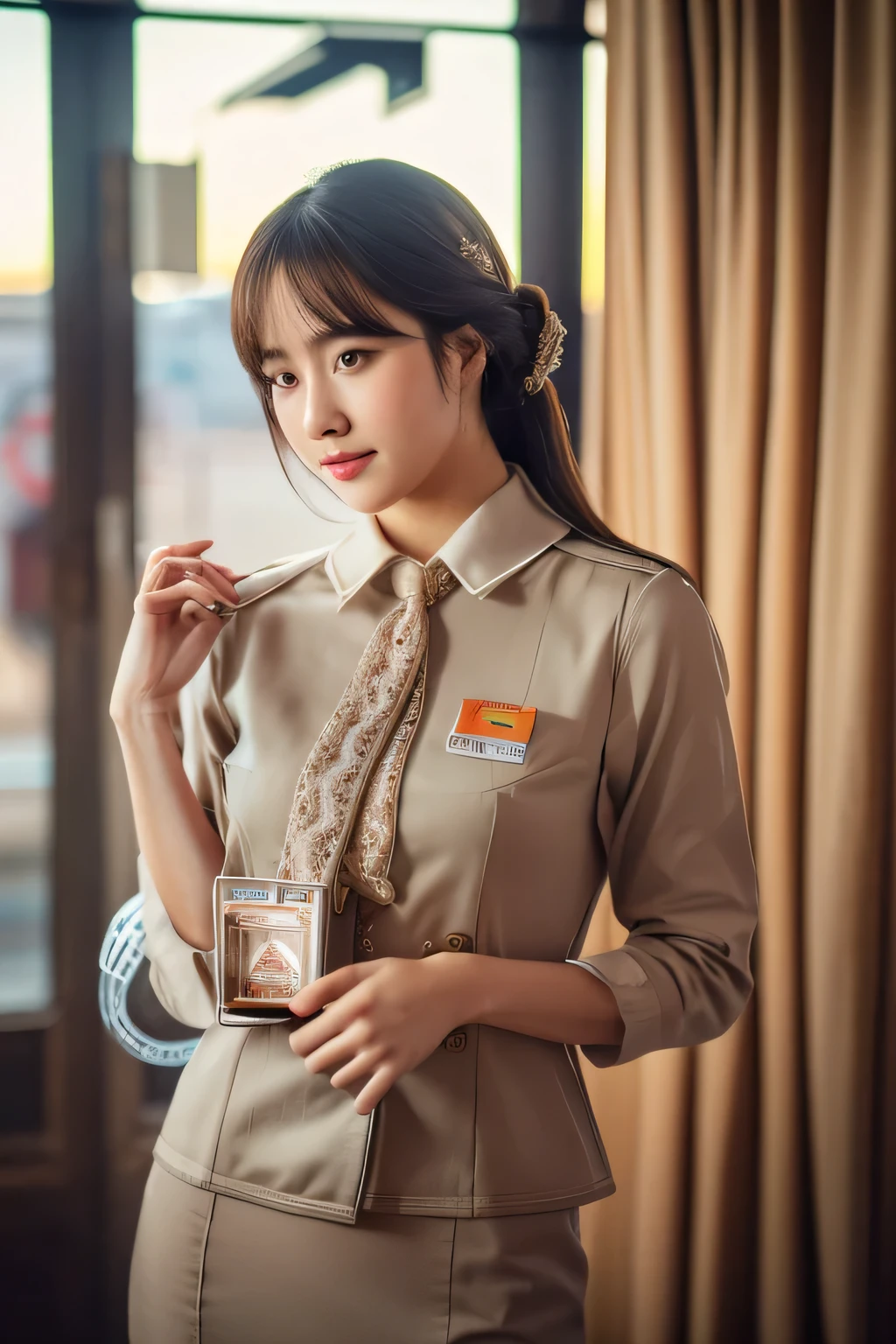 best quality,(original photo:1.2),(masterpiece:1.4),(lifelike:1.4),(high resolution:1.4), 1 girl, depth of field, Airline stewardess, intricate details,8k, Very detailed, perfect lighting, Epic background