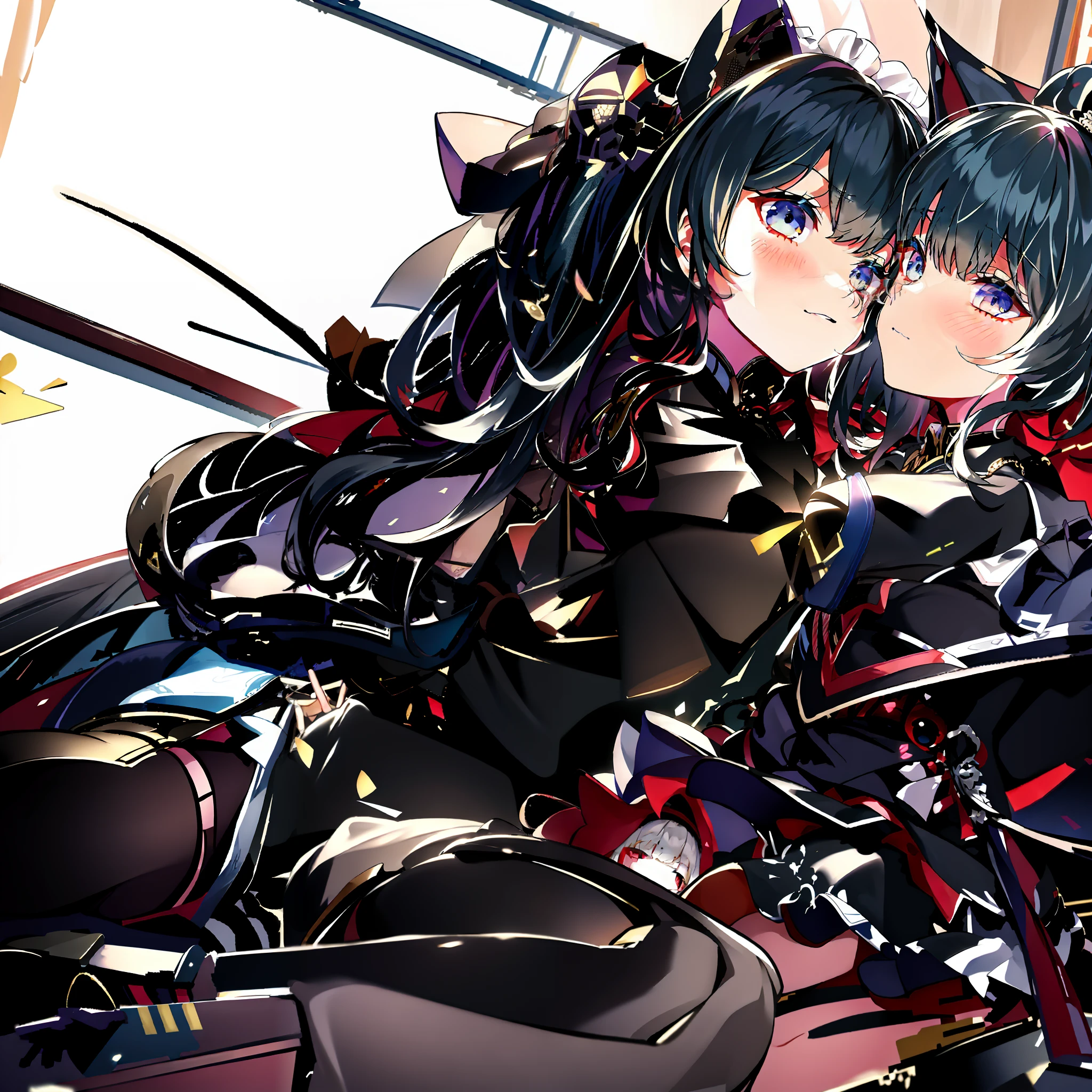 Anime style image of two women in costumes sitting on bed, from girls frontline, wlop sum sakimichan, from《azur lane》Electronic games, azure lane style, 《azur lane》role in, Exquisite details. girls frontline, from the night of the ark, girls frontline style, fleet collection style, Popular topics on artstation pixiv