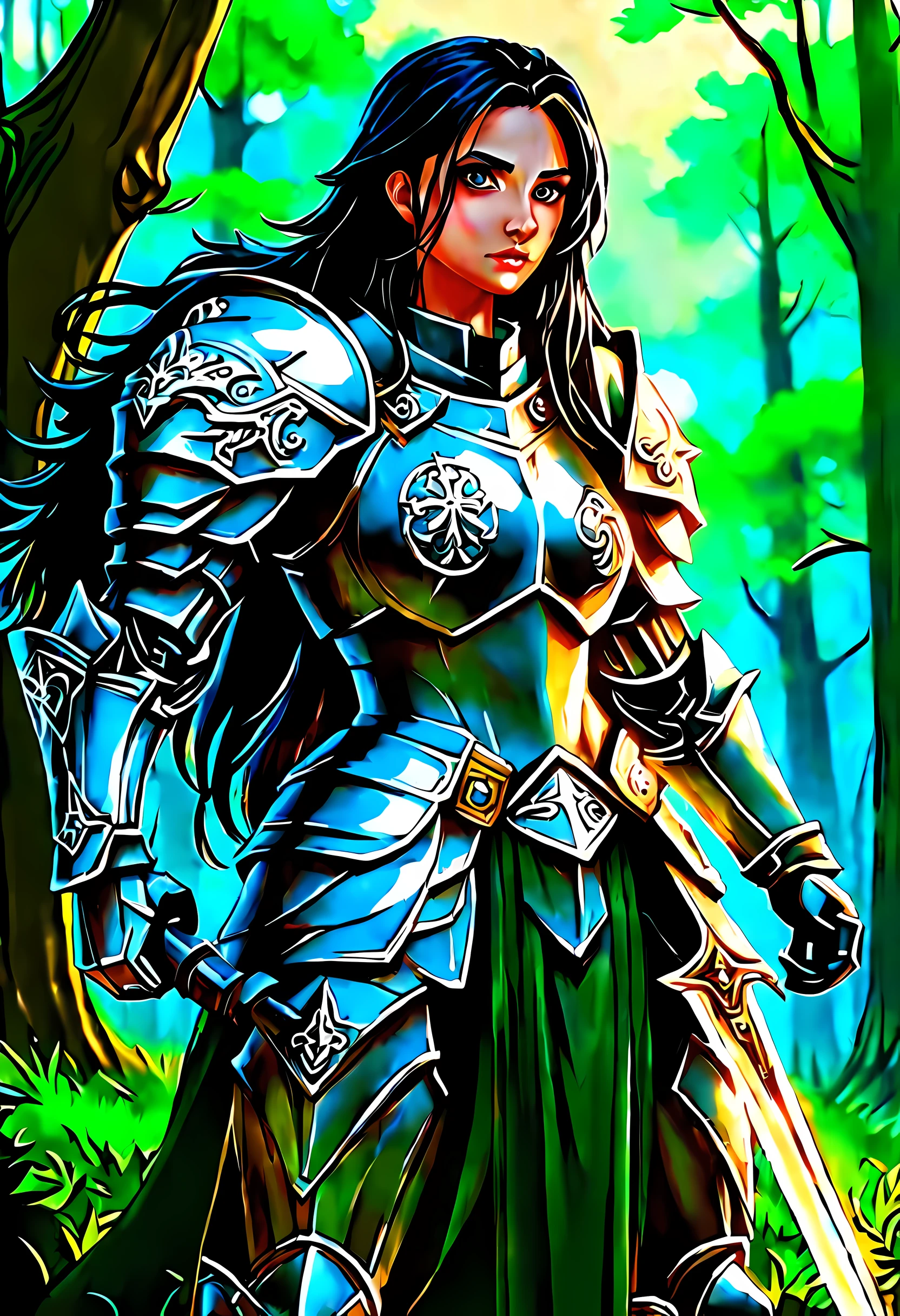 a picture of woman paladin of nature protecting the forest, a woman knight, black hair, long hair, full body DonMW15pXL (best details, Masterpiece, best quality :1.5), ultra detailed face (best details, Masterpiece, best quality :1.5), ultra feminine (best details, Masterpiece, best quality :1.5), black hair, long hair, braided hair, pale skin, (deep blue: 1.2) eyes, intense eyes, wearying heavy armor, (white: 1.3) armor (best details, Masterpiece, best quality :1.5), green cloak, armed with a sword, glowing sword GlowingRunes_green, fantasy forest background, D&D art, RPG art, magical atmosphere magic-fantasy-forest, ultra best realistic, best details, best quality, 16k, [ultra detailed], masterpiece, best quality, (extremely detailed), ultra wide shot, photorealism, depth of field, hyper realistic painting