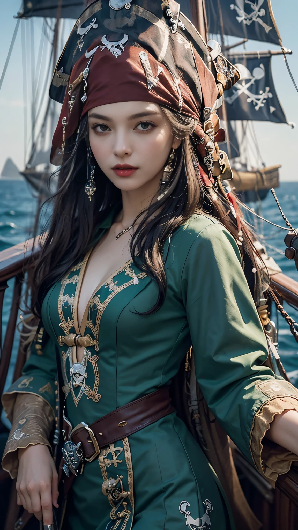 8K, ultra hd, masterpiece, 1 girl, good face, detailed eyes, very long hair, detailed lips, small breasts, (fantasy:1.2), (ultra detailed:1.5), (pirate dress:1.5), ((green dress)), titanic ship, sea, gun in hand, (perfect body),