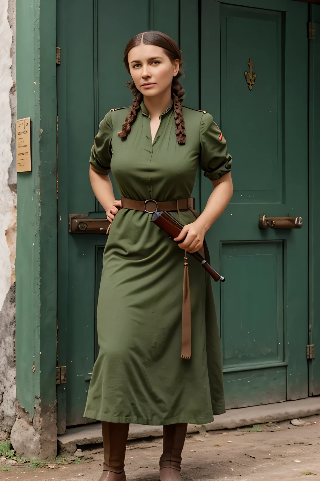 russia 1920, mulher islava, chapeu russo, cabelos castanhos, lutando no exercito, with gun in hand, vestido curto verde.