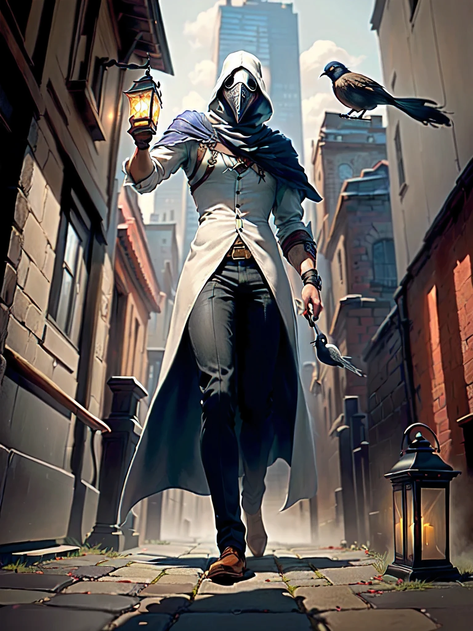 man in a black outfit holding a lantern and a bird, plague doctor, dark cloaked necromancer, portrait of a bloodborne hunter, anime style male, city background, 4k, 8k,