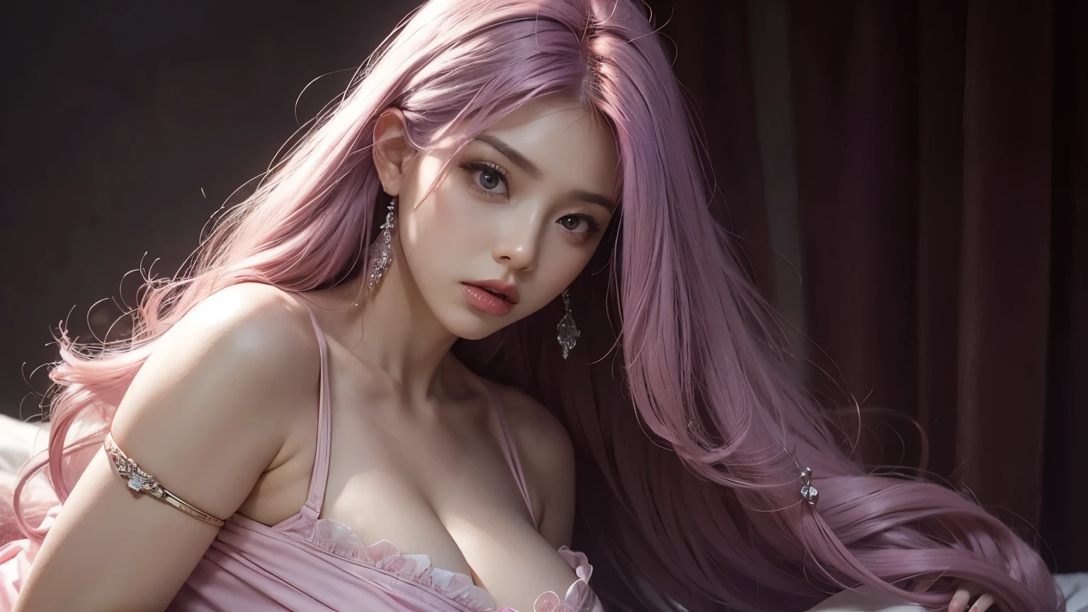 A angry mommy with long light pink soft purple hair, perfect big booba , good quality, detailed beauty face