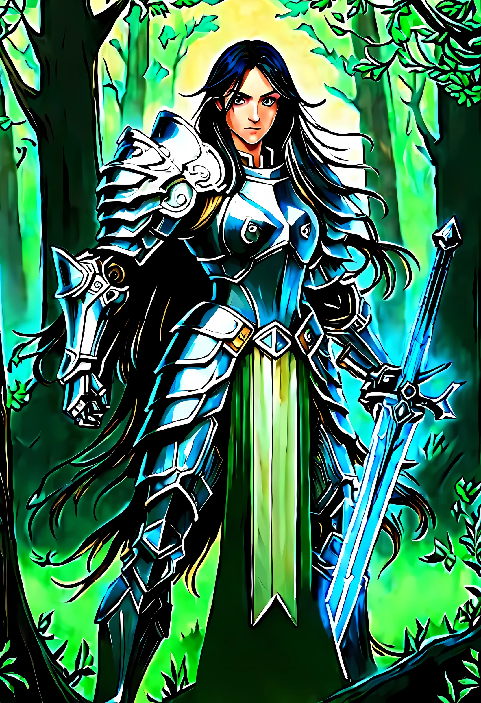 a picture of woman paladin of nature protecting the forest, a woman knight, black hair, long hair, full body DonMW15pXL (best details, Masterpiece, best quality :1.5), ultra detailed face (best details, Masterpiece, best quality :1.5), ultra feminine (best details, Masterpiece, best quality :1.5), black hair, long hair, braided hair, pale skin, (deep blue: 1.2) eyes, intense eyes, wearying heavy armor, (white: 1.3) armor (best details, Masterpiece, best quality :1.5), green cloak, armed with a sword, glowing sword GlowingRunes_green, fantasy forest background, D&D art, RPG art, magical atmosphere magic-fantasy-forest, ultra best realistic, best details, best quality, 16k, [ultra detailed], masterpiece, best quality, (extremely detailed), ultra wide shot, photorealism, depth of field, hyper realistic painting