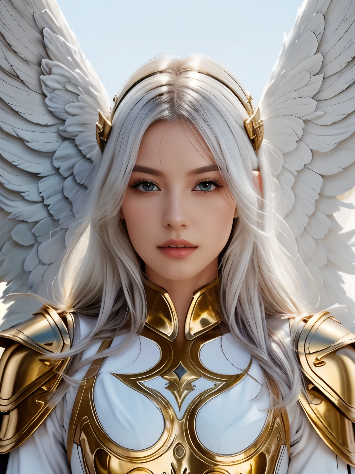 a close up of an angel with a sword, long white hair, beautiful armor, detailed white armor, stunning armor, angelic gold highlighted armor, angel knight girl, angel in plastic armor, white armor, full - body majestic angel, intricate white and gold armor, angel knight gothic girl, beautiful angelic wings, epic angel wings, armor angle with wing, stunning cgsociety, ultra realistic, perfect face, detailed face, perfect eyes, perfect nose, white hair, photograph head to toes