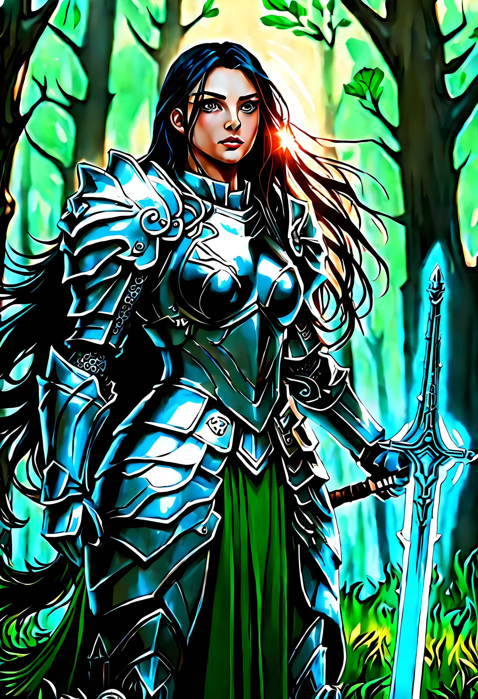 a picture of woman paladin of nature protecting the forest, a woman knight, black hair, long hair, full body DonMW15pXL (best details, Masterpiece, best quality :1.5), ultra detailed face (best details, Masterpiece, best quality :1.5), ultra feminine (best details, Masterpiece, best quality :1.5), black hair, long hair, braided hair, pale skin, (deep blue: 1.2) eyes, intense eyes, wearying heavy armor, (white: 1.3) armor (best details, Masterpiece, best quality :1.5), green cloak, armed with a sword, glowing sword GlowingRunes_green, fantasy forest background, D&D art, RPG art, magical atmosphere magic-fantasy-forest, ultra best realistic, best details, best quality, 16k, [ultra detailed], masterpiece, best quality, (extremely detailed), ultra wide shot, photorealism, depth of field, hyper realistic painting