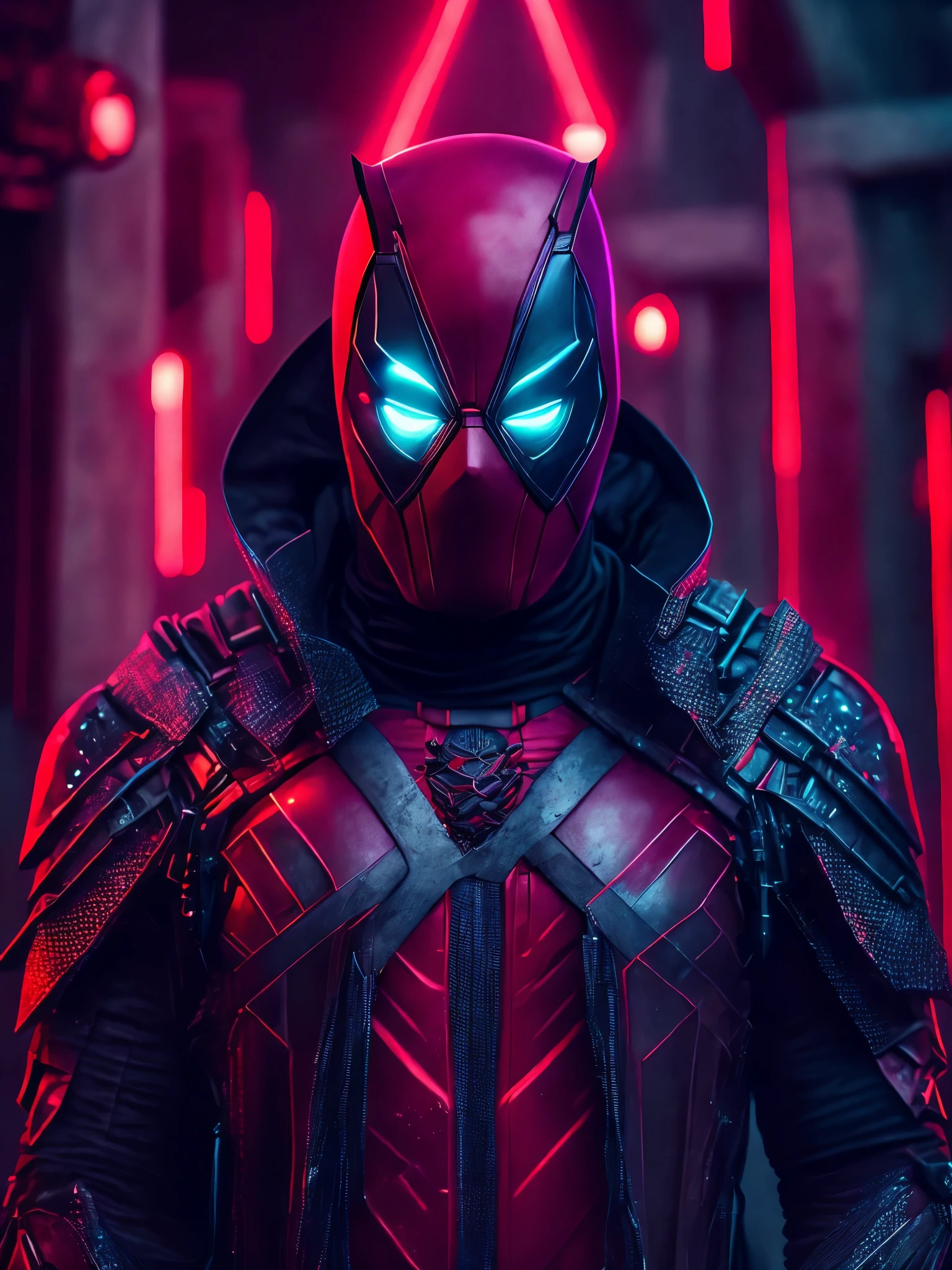 Grim portrait from Marvel dressed as Deadpool with intricate angular cybernetic implants inside a brutalist building, gothic brutalist graveyard, cyberpunk, Foto premiada, Bokeh, Neon lights, cybernetic, fireworks in the background.