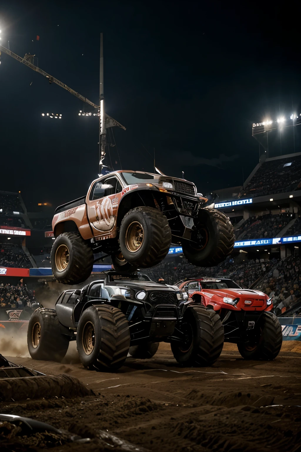 an image featuring three radio-controlled monster trucks prominently displayed in the foreground against a dark-toned, realistic arena backdrop.