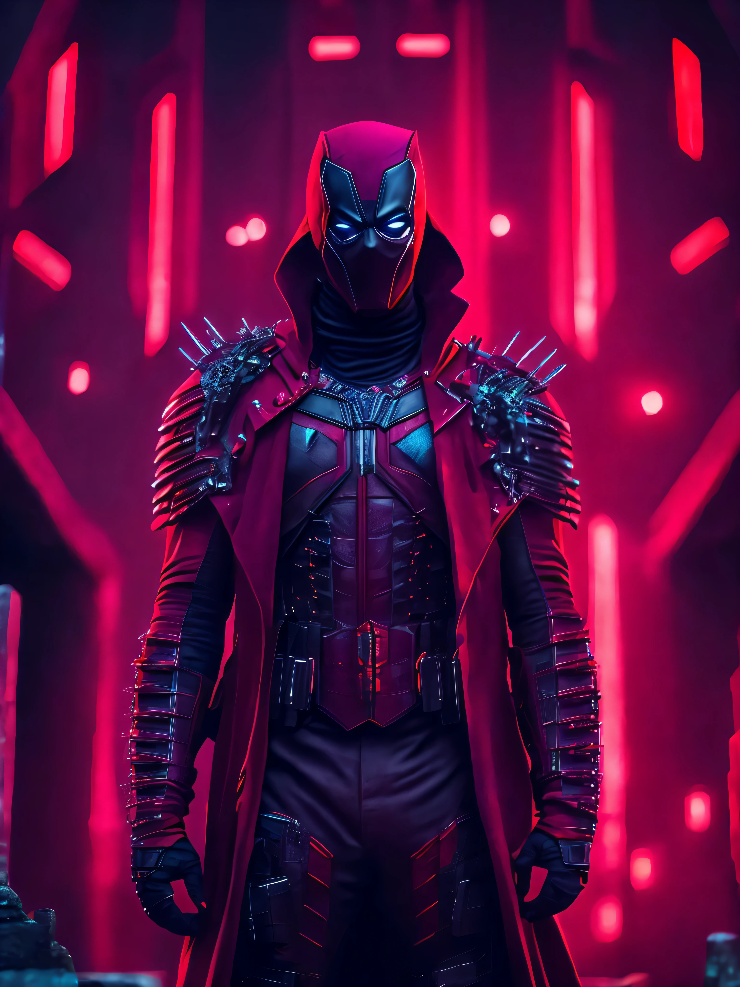 Grim portrait from Marvel dressed as Deadpool with intricate angular cybernetic implants inside a brutalist building, gothic brutalist graveyard, cyberpunk, Foto premiada, Bokeh, Neon lights, cybernetic, fireworks in the background.