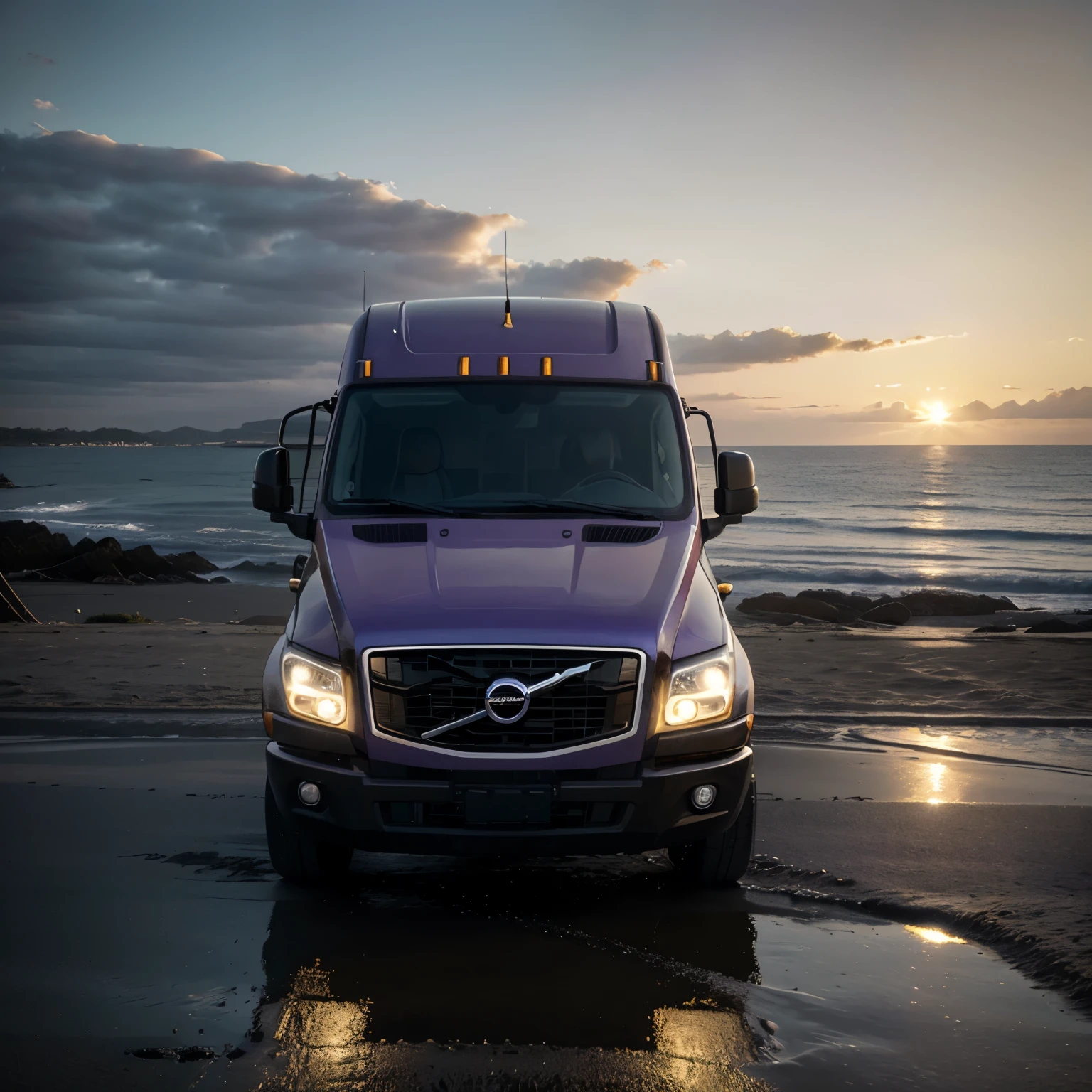 In the scenic setting by the ocean, a purple volvo truck, globetroter model, fh 450 model, year 2022, with trailler, This classic truck, on the side of the road, boasts of black 22.5-inch wheels that add to its timeless charm. As the sun sets, the reflections on the wet, sandy surface around it gleam, bringing the big truck to life.