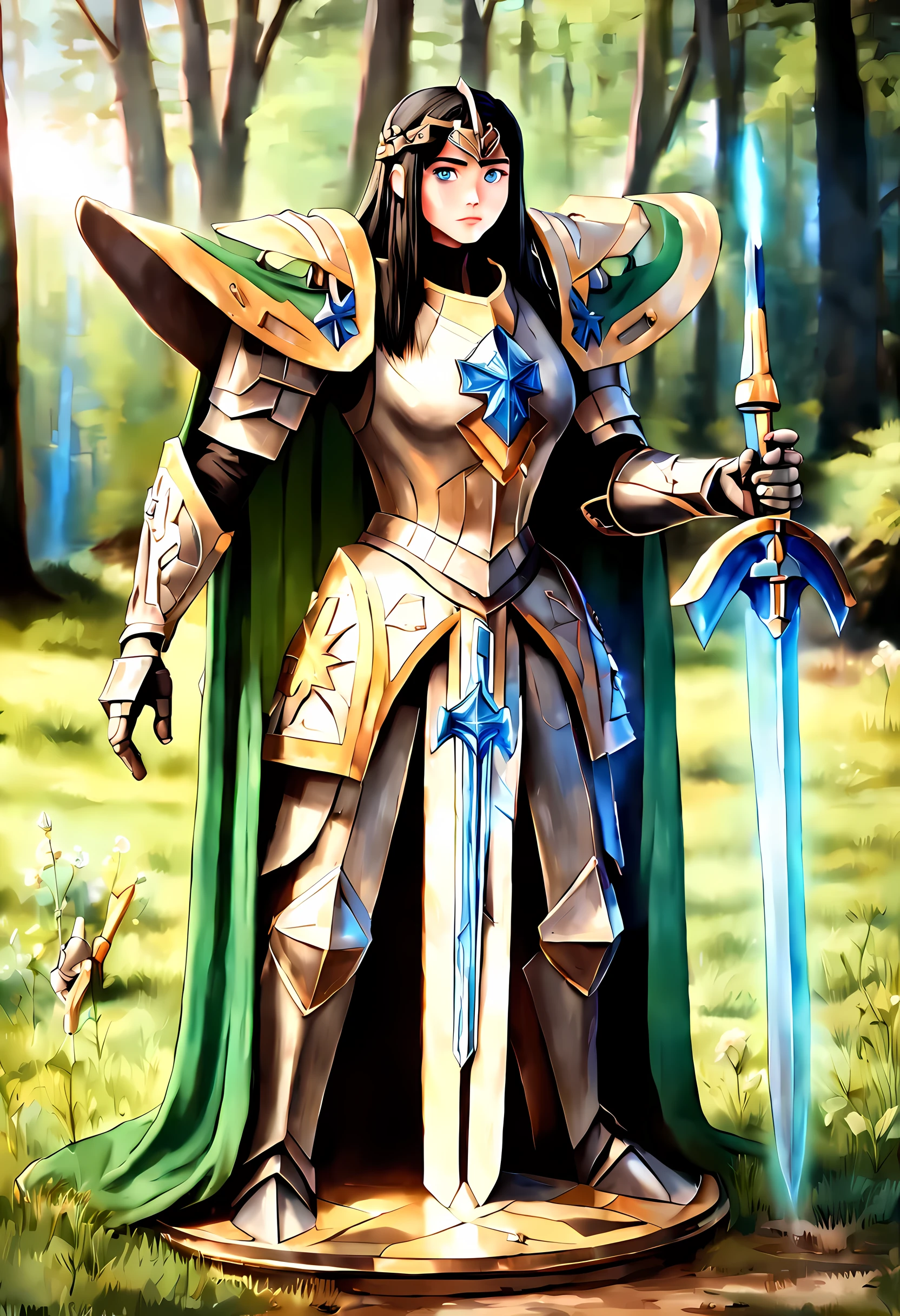 a picture of woman paladin of nature protecting the forest, a woman knight, black hair, long hair, full body DonMW15pXL (best details, Masterpiece, best quality :1.5), ultra detailed face (best details, Masterpiece, best quality :1.5), ultra feminine (best details, Masterpiece, best quality :1.5), black hair, long hair, braided hair, pale skin, (deep blue: 1.2) eyes, intense eyes, wearying heavy armor, (white: 1.3) armor (best details, Masterpiece, best quality :1.5), green cloak, armed with a sword, glowing sword GlowingRunes_green, fantasy forest background, D&D art, RPG art, magical atmosphere magic-fantasy-forest, ultra best realistic, best details, best quality, 16k, [ultra detailed], masterpiece, best quality, (extremely detailed), ultra wide shot, photorealism, depth of field, hyper realistic painting