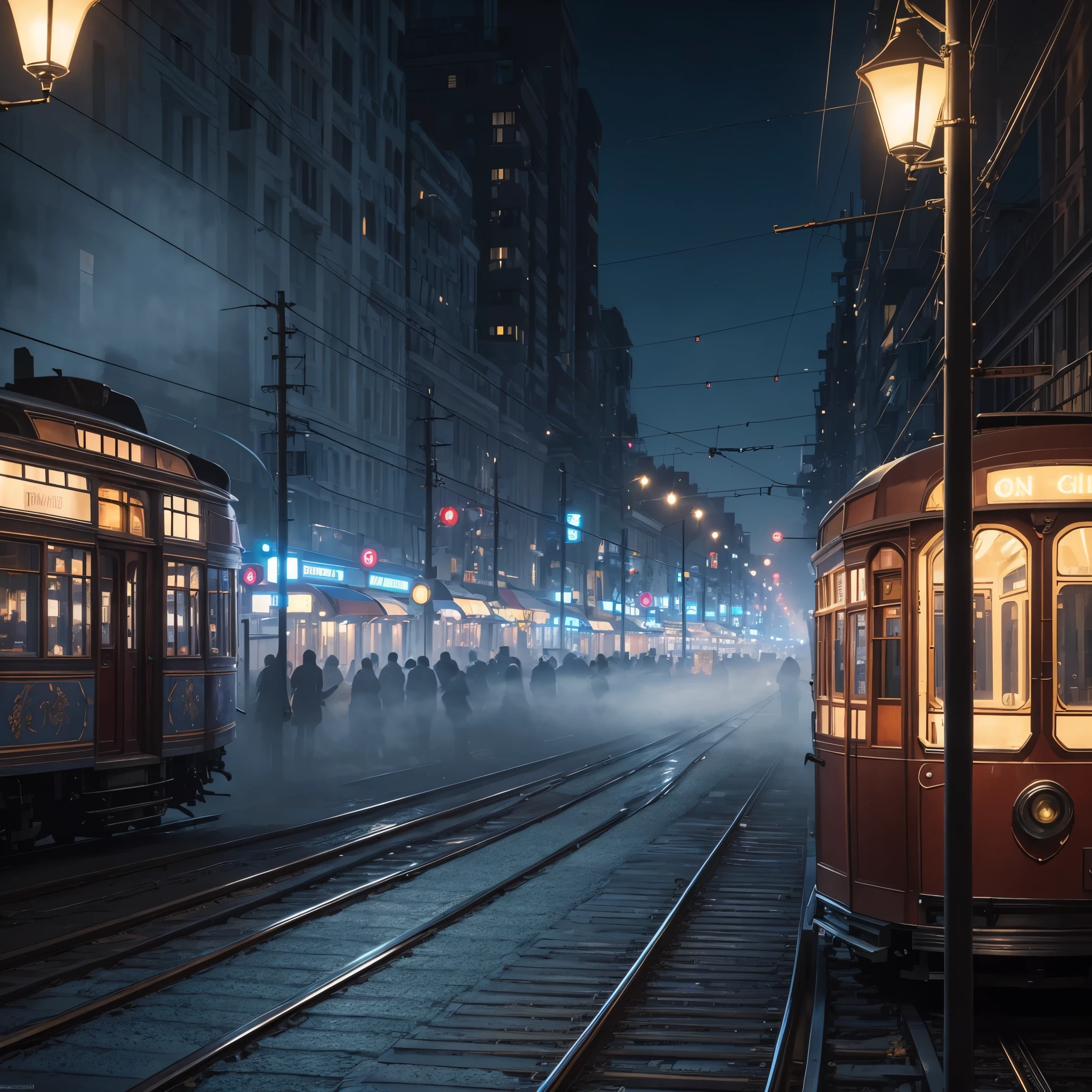 Highly artistic art, combined technique.Misty bluish view of a large panorama. An enchanting summer night in a city where only half-naked women live and luminous streetcars without drivers glide along the rails. Ban on ugliness, no bad eyes, no bad anatomy. Highly detailed.