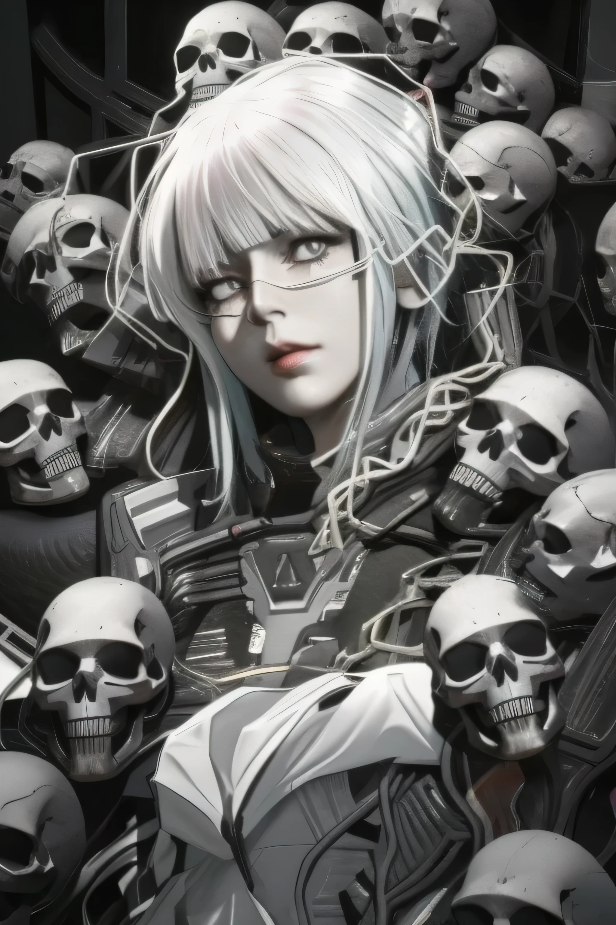 uma foto em preto e branco de uma mulher cercada por caveiras, anime skull portrait woman, artegerm detailed, arte escura altamente detalhada, artegerm Greg rutkowski _ Greg, arte de terror fantasia sombria, artegerm. anime illustration, Martin then portrait of artwork, extremely detailed artegerm, artegerm. alto detalhe, adorned with demon skulls
