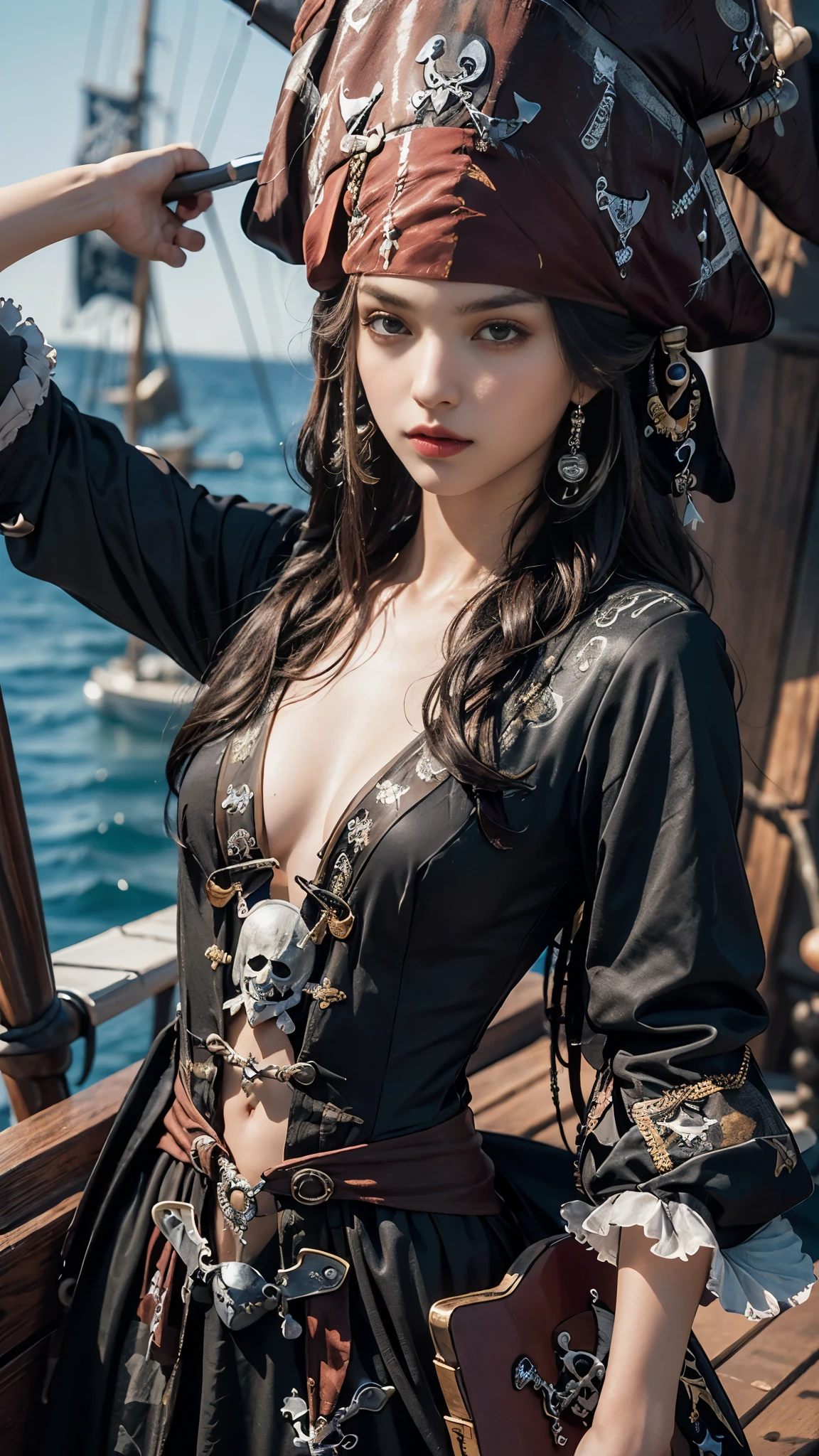 8K, ultra hd, masterpiece, 1 girl, good face, detailed eyes, very long hair, detailed lips, small breasts, (fantasy:1.2), (ultra detailed:1.5), (pirate dress:1.5), ((black dress)), titanic ship, sea, gun in hand, (perfect body),