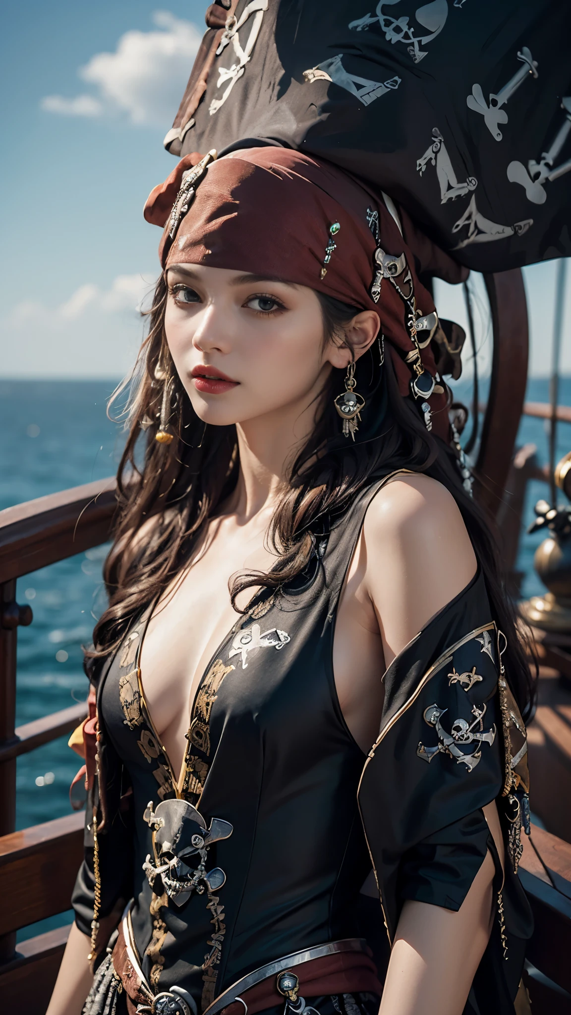 8K, ultra hd, masterpiece, 1 girl, good face, detailed eyes, very long hair, detailed lips, small breasts, (fantasy:1.2), (ultra detailed:1.5), (pirate dress:1.5), ((black dress)), titanic ship, sea, gun in hand, (perfect body),