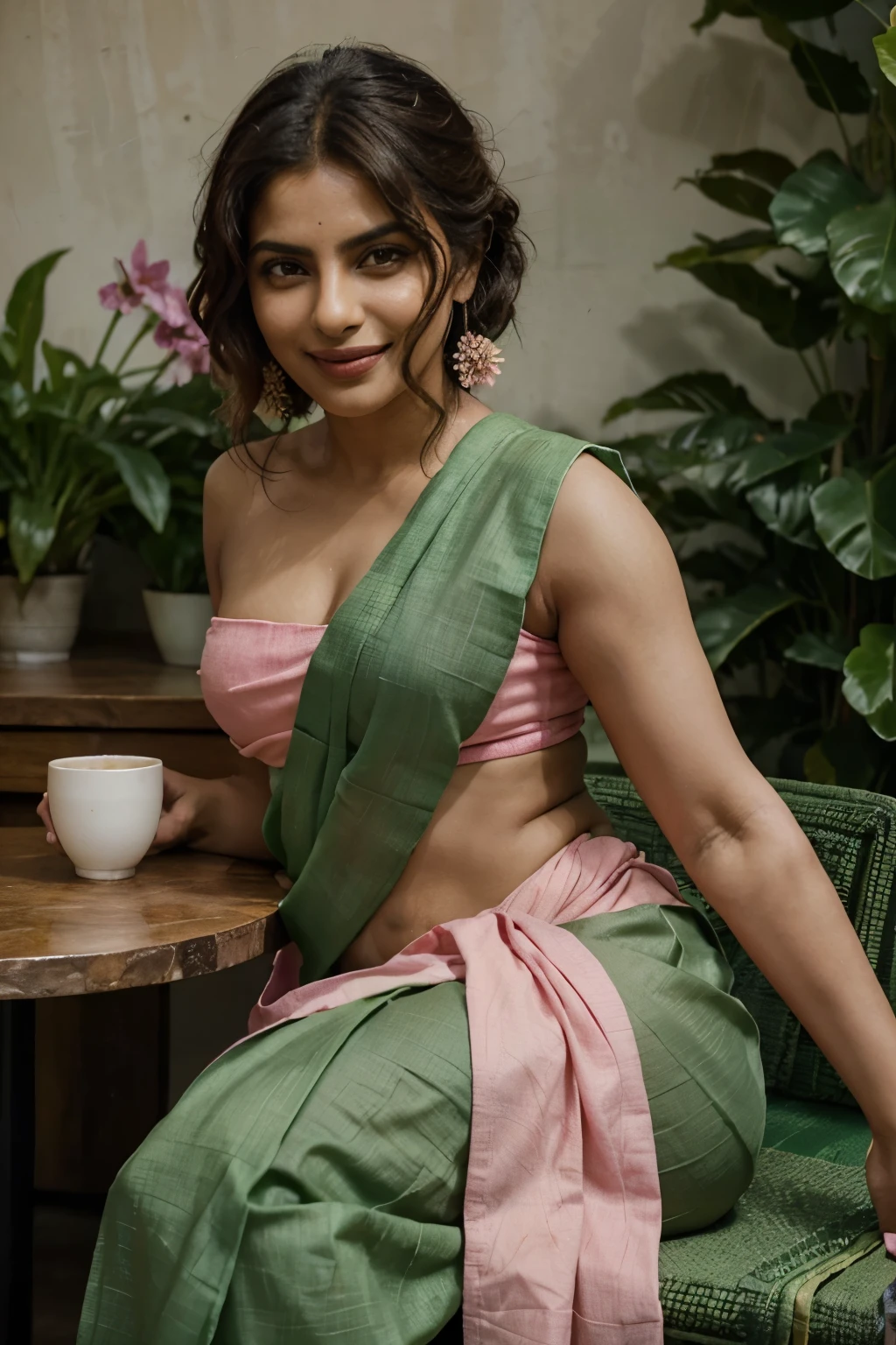 woman in green sari sitting at table with pink flowers, draped in fleshy green and pink, candid picture, portrait of priyanka chopra, #green, with flowers, with a beautifull smile, with lovely look, wearing green, gorgeous lady, green shades, adorned with all kind of plants, beautiful and smiling, sitting in a cafe