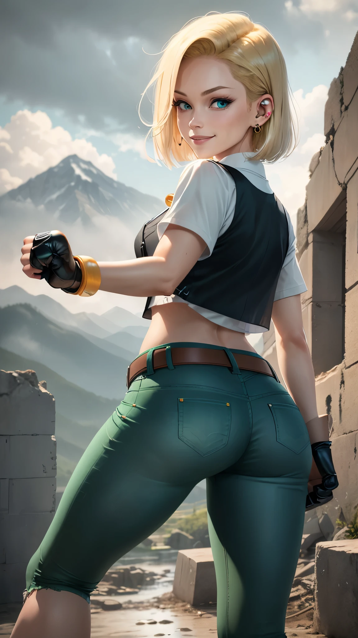 best quality, highres, and18, 1girl, android 18, solo girl, 1girl, blonde hair, blue eyes, belt, green jeans, pearl necklace, bracelets, black gloves, white shirt, short hair, short sleeves, earrings, green pants, open vest, black vest, short orange socks, black school shoes, medium breasts, cowboy shot, mountains, straight-on, (weather: raining and windy), wet shirt, sexy smile, combat stance, battle ruins, wide hips, thick legs, closed fists, view from behind,
