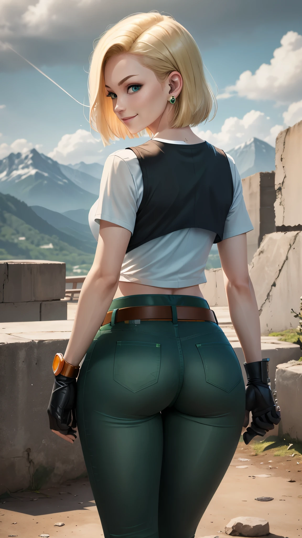 best quality, highres, and18, 1girl, android 18, solo girl, 1girl, blonde hair, blue eyes, belt, green jeans, pearl necklace, bracelets, black gloves, white shirt, short hair, short sleeves, earrings, green pants, open vest, black vest, short orange socks, black school shoes, medium breasts, cowboy shot, mountains, straight-on, (weather: raining and windy), wet shirt, sexy smile, combat stance, battle ruins, wide hips, thick legs, closed fists, view from behind,