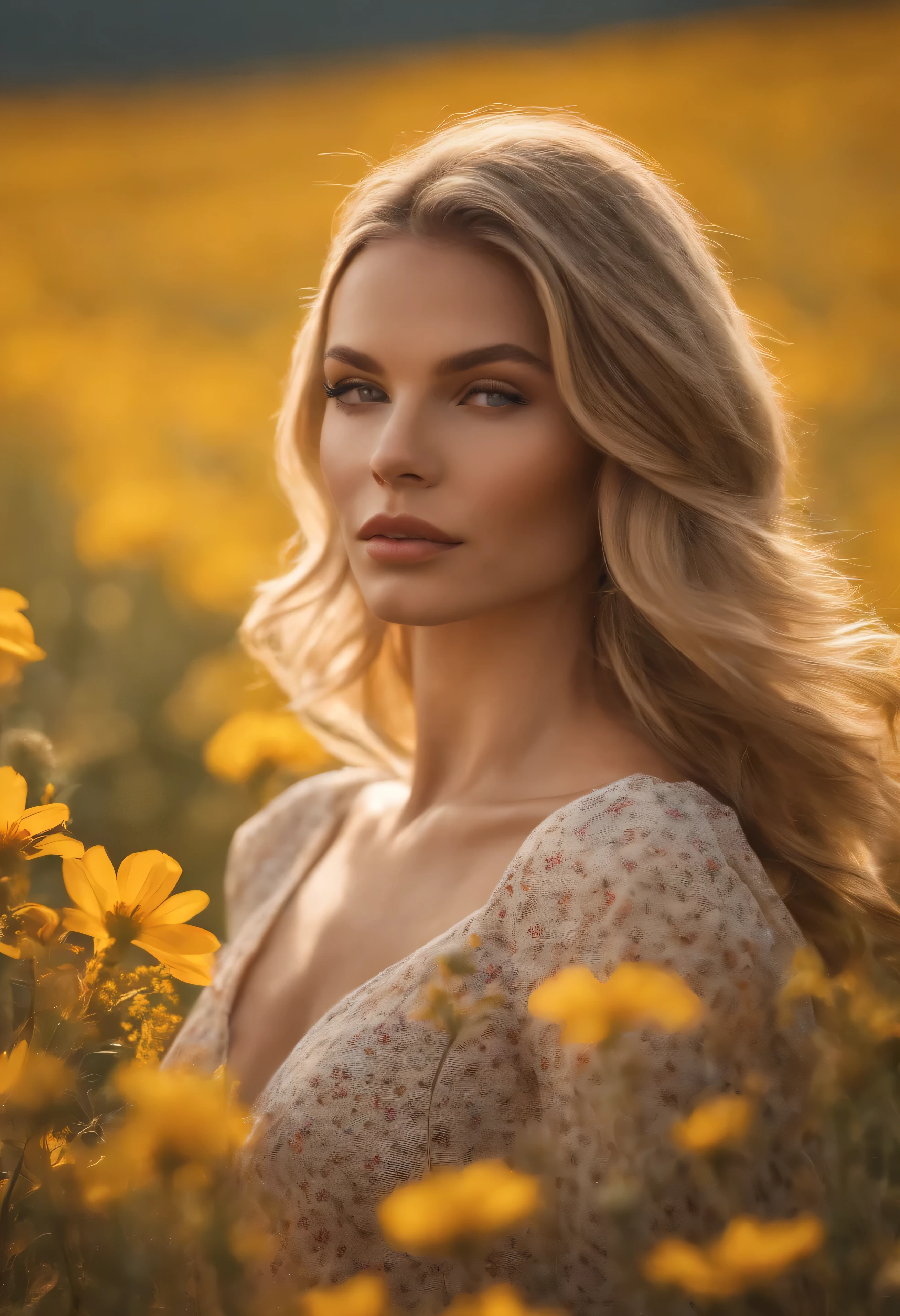 An evocative shot of the brunette influencer, blonde hair captured in a moment of introspection amidst a field of wildflowers, her gaze thoughtful yet alluring as she exudes natural beauty and grace, inviting viewers to join her on a journey of self-discovery and empowerment." hyper realistic highly detaiuled