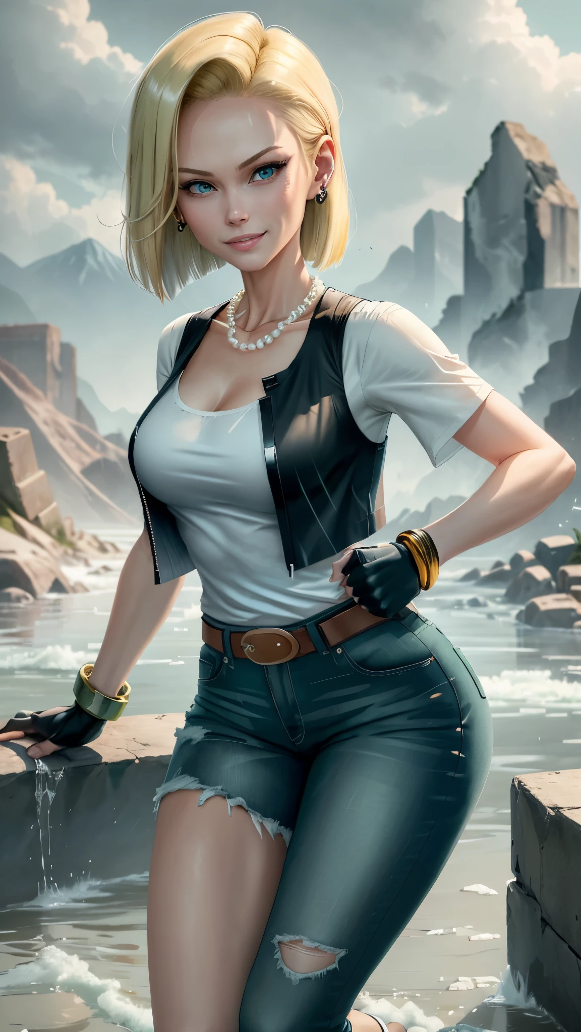 best quality, highres, and18, 1girl, android 18, solo girl, 1girl, blonde hair, blue eyes, belt, green jeans, pearl necklace, bracelets, black gloves, white shirt, short hair, short sleeves, earrings, green pants, open vest, black vest, orange socks, black shoes, medium breasts, cowboy shot, mountains, straight-on, (weather: raining and windy), wet shirt, sexy smile, combat stance, battle ruins, wide hips, thick legs, closed fists, torn clothes,