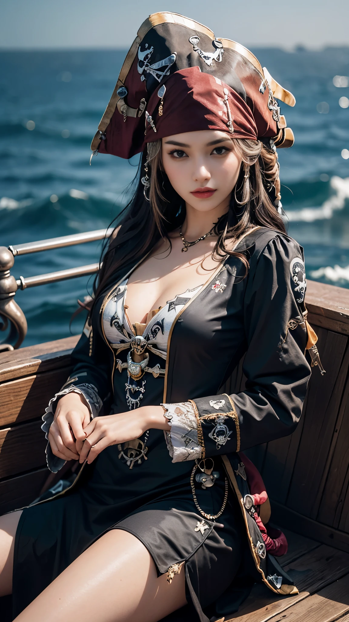 8K, ultra hd, masterpiece, 1 girl, good face, detailed eyes, very long hair, detailed lips, small breasts, (fantasy:1.2), (ultra detailed:1.5), (pirate dress:1.5), ((black dress)), titanic ship, sea, gun in hand, (perfect body), sitting,