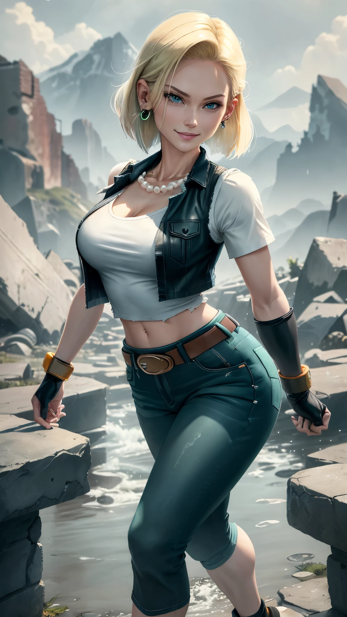 best quality, highres, and18, 1girl, android 18, solo girl, 1girl, blonde hair, blue eyes, belt, green jeans, pearl necklace, bracelets, black gloves, white shirt, short hair, short sleeves, earrings, green pants, open vest, black vest, orange socks, black shoes, medium breasts, cowboy shot, mountains, straight-on, (weather: raining and windy), wet shirt, sexy smile, combat stance, battle ruins, wide hips, thick legs, closed fists, torn clothes,