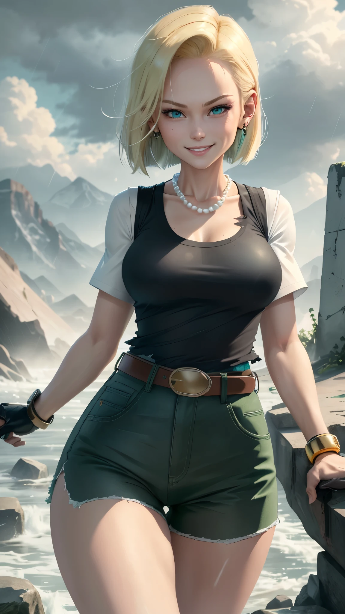 best quality, highres, and18, 1girl, android 18, solo girl, 1girl, blonde hair, blue eyes, belt, green jeans, pearl necklace, bracelets, black gloves, white shirt, short hair, short sleeves, earrings, green pants, open vest, black vest, orange socks, black shoes, medium breasts, cowboy shot, mountains, straight-on, (weather: raining and windy), wet shirt, sexy smile, combat stance, battle ruins, wide hips, thick legs, closed fists, torn clothes,